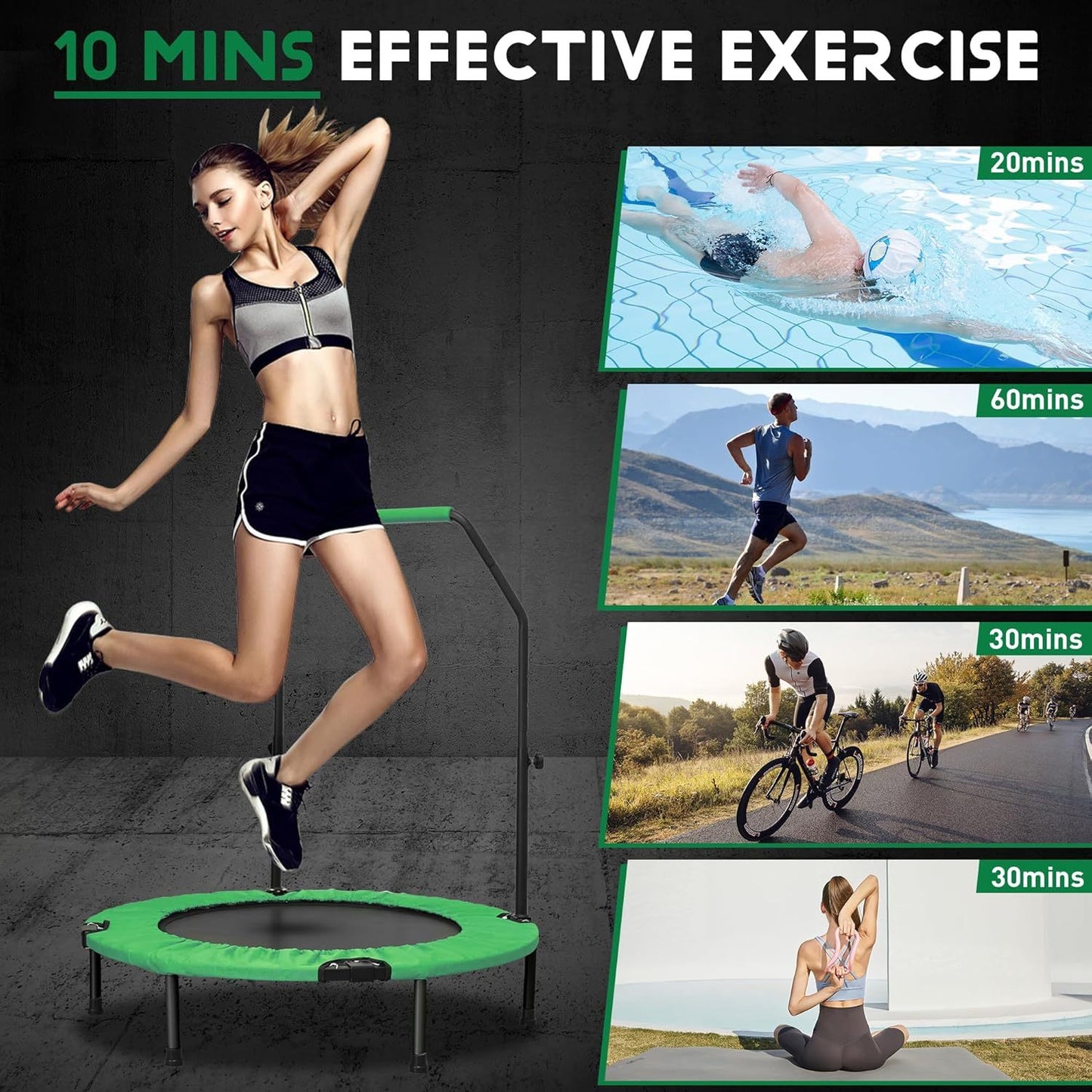 Foldable Mini Trampoline With Height-Adjustable Handle And Resistance Bands