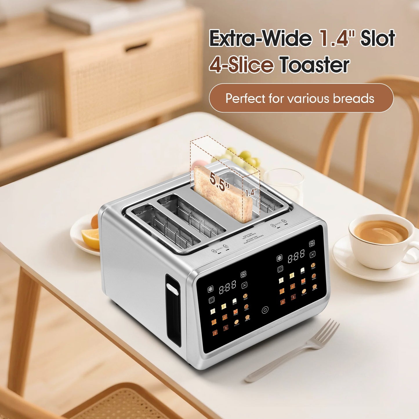 Toaster 4 Slice, Digital Smart Toaster with TouchScreen, Dual Control Panel, Single Slot Toasting, Timer, Reheat & Defrost for Bagels, Bread, Waffles, Stainless Steel Kitchen Essentials