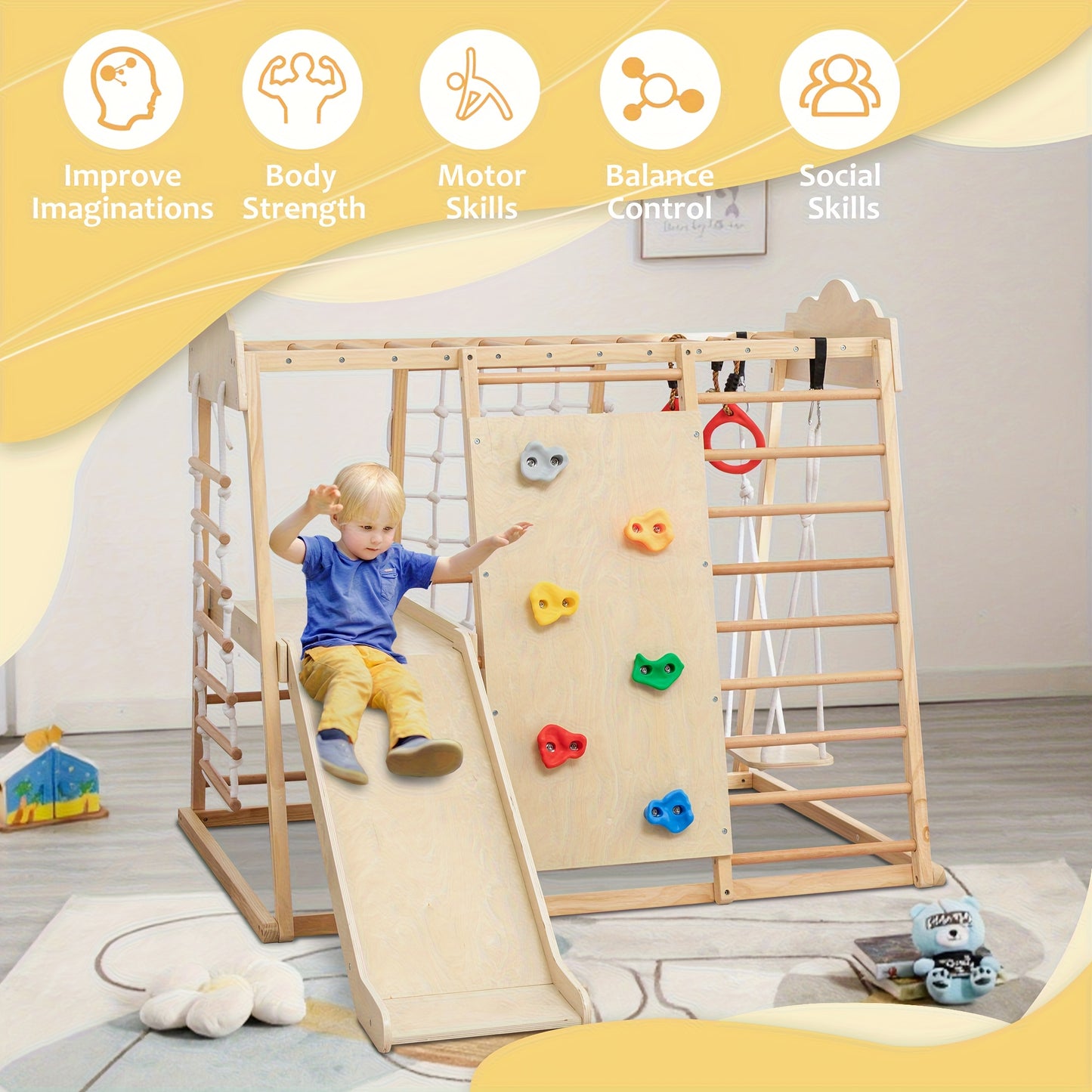 8-in-1 Indoor Jungle Gym Playset with Slide, Swing, Climbing Rocks & Net - Sturdy Wooden Construction, Soft Beige & Natural Wood Color, Multi-Level Activity Center with Ramp, Monkey Bars, Ring Toss, Storage Shelf - Safe Round