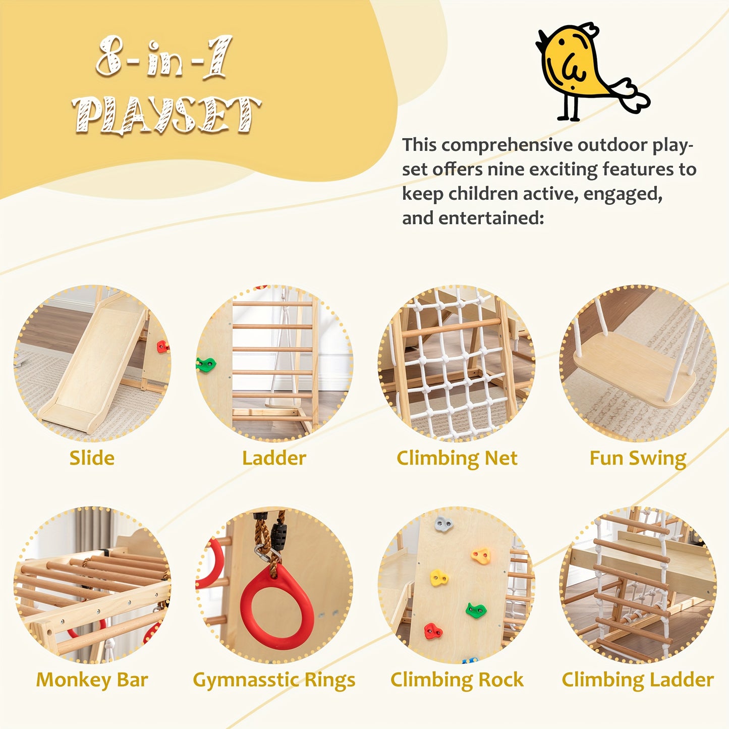 8-in-1 Indoor Jungle Gym Playset with Slide, Swing, Climbing Rocks & Net - Sturdy Wooden Construction, Soft Beige & Natural Wood Color, Multi-Level Activity Center with Ramp, Monkey Bars, Ring Toss, Storage Shelf - Safe Round