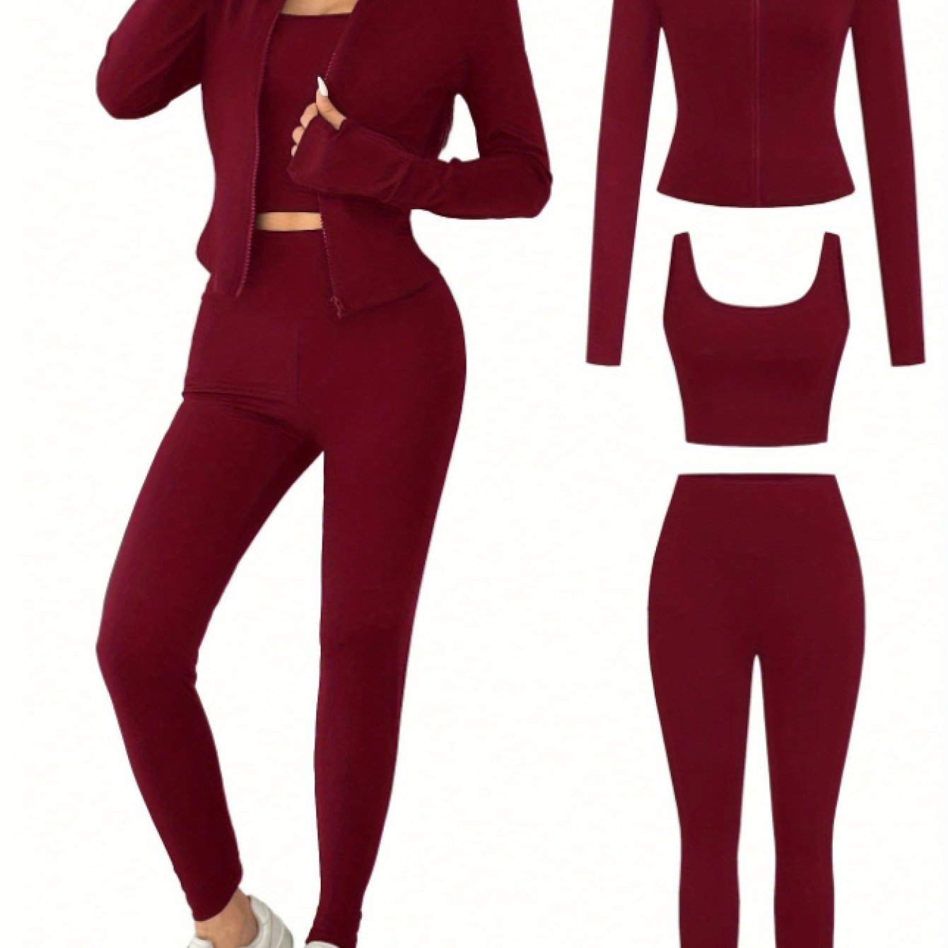 Yoga Set Zip-Up Cardigan, Camisole And Leggings Polyester Blend