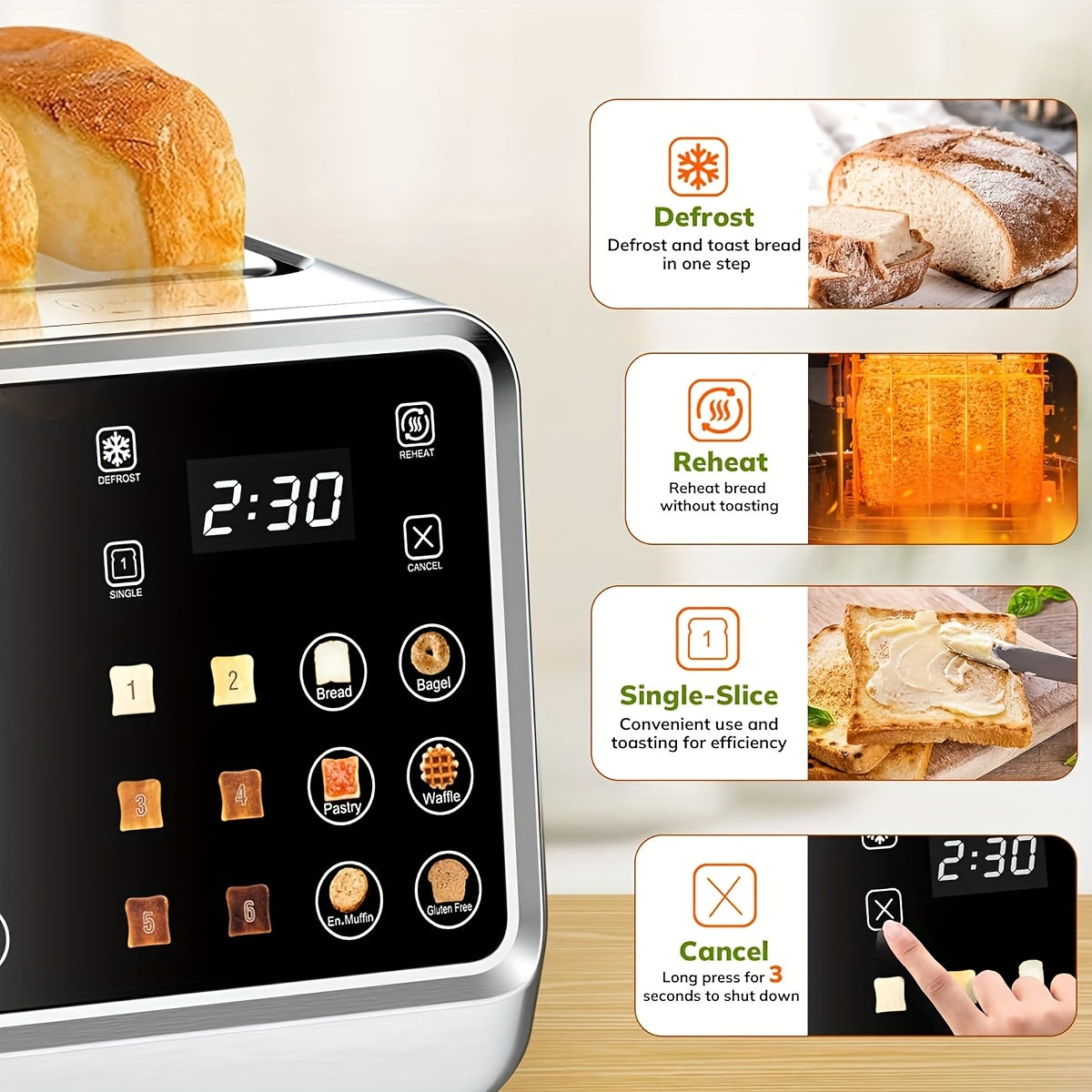 Toaster 4 Slice, Digital Smart Toaster with TouchScreen, Dual Control Panel, Single Slot Toasting, Timer, Reheat & Defrost for Bagels, Bread, Waffles, Stainless Steel Kitchen Essentials