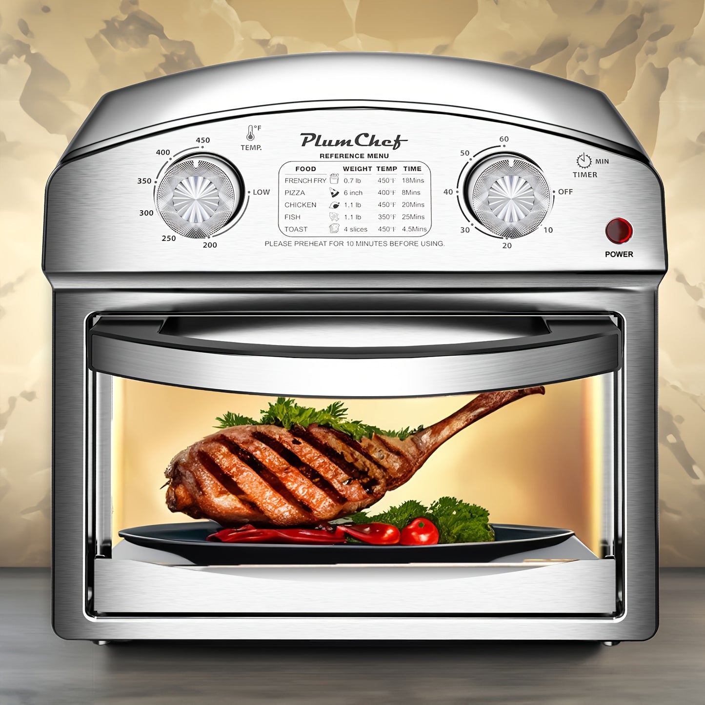 3.17gal Air Fryer Made of Stainless Steel, Featuring Dual Knob Controls, a 60-Minute Timer, And Pre-Set Options for French Fries, Pizza, Chicken, Fish, And Toast, Suitable for Family-Sized Meals.