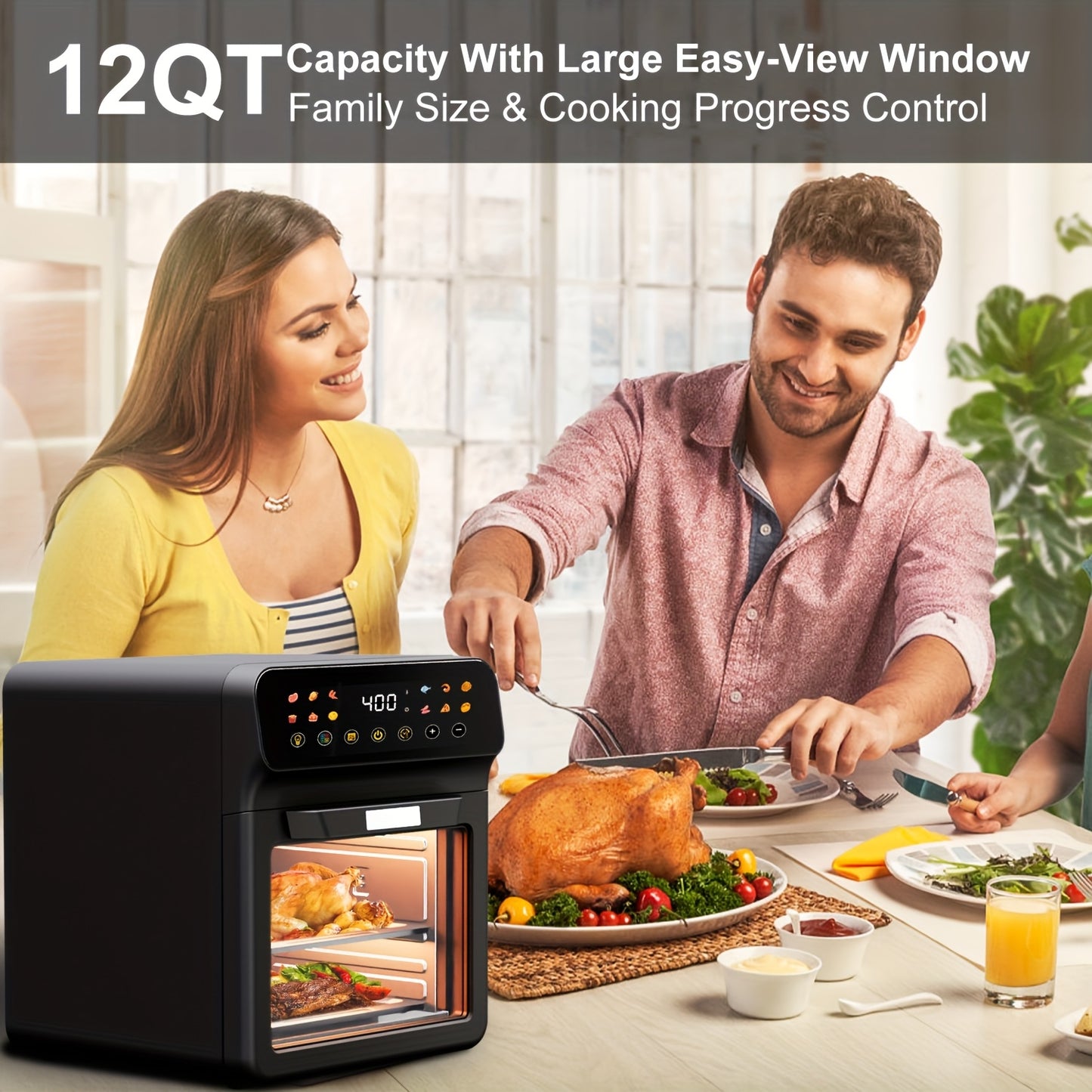 12Qt Large Air Fryer Toaster Oven Combo, Extra Large Countertop Convection Oven with Digital Touchscreen, 12 Presets, Easy-View Window, Nonstick & Dishwasher-Safe, Bake, Roast, Reheat, Black, Air Fryer Oven