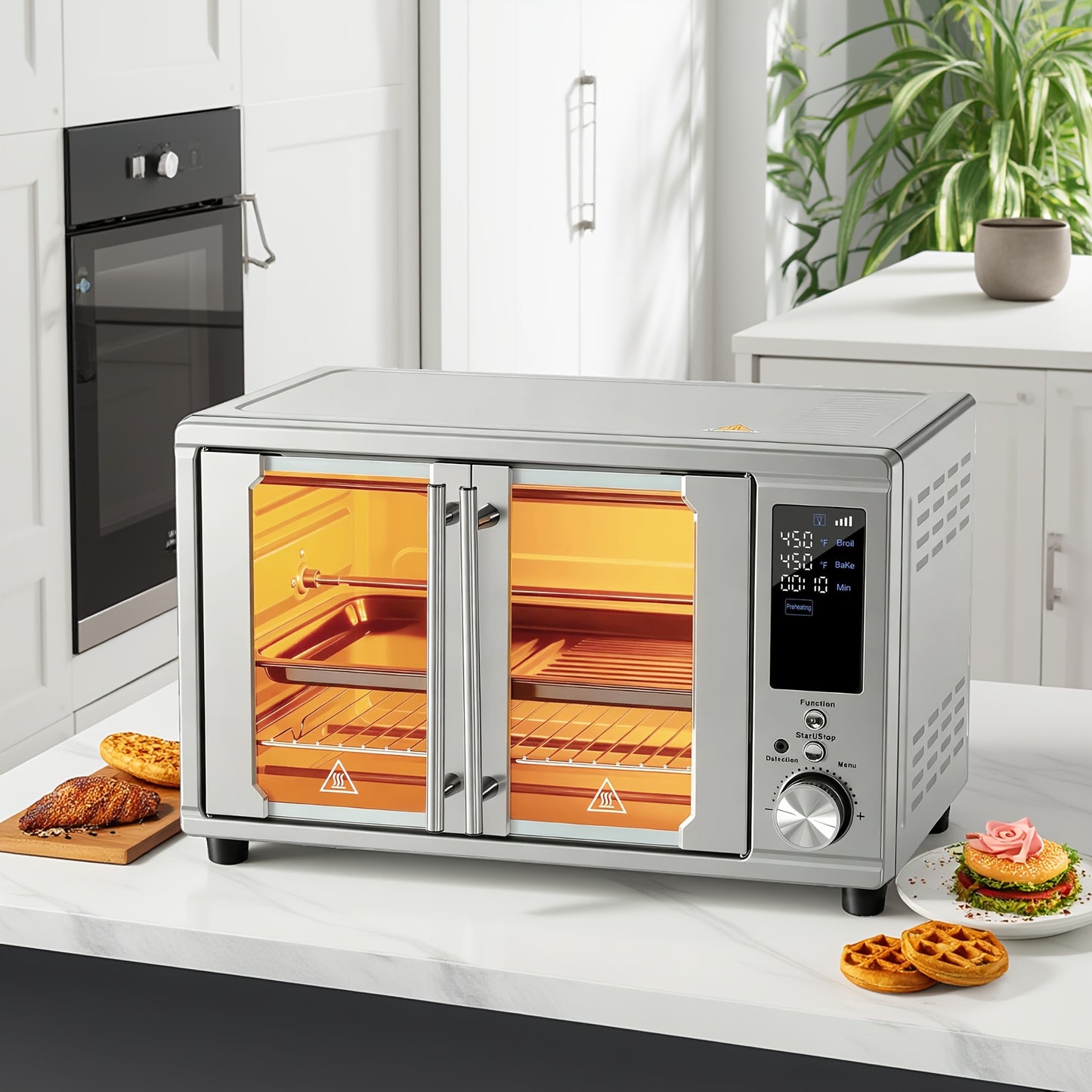 Air Fryer Toaster Oven Combo, Large/ Extra Large Countertop Convection Oven, 450°F, Stainless Steel, Includes 4/7 Accessories (Rotisserie, Tray, Rack, Pan)