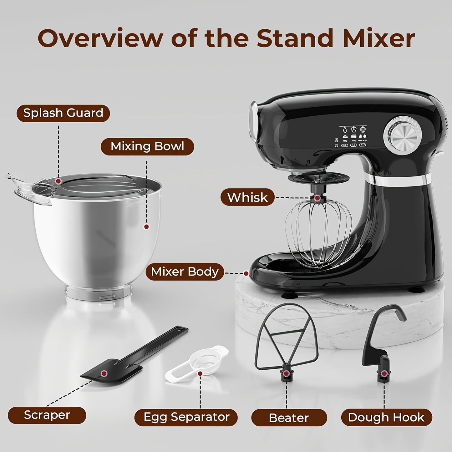 4-in-1 Electric Vertical Mixer, with A Power Of 350 Watts, 12-speed with Pulse Button. Accessories Include 5.5-gallon Stainless Steel Bowl, Mixing Paddle, Dough Hook, Whisk, And A Powerful Baking Mixer Suitable for Cake, Brea