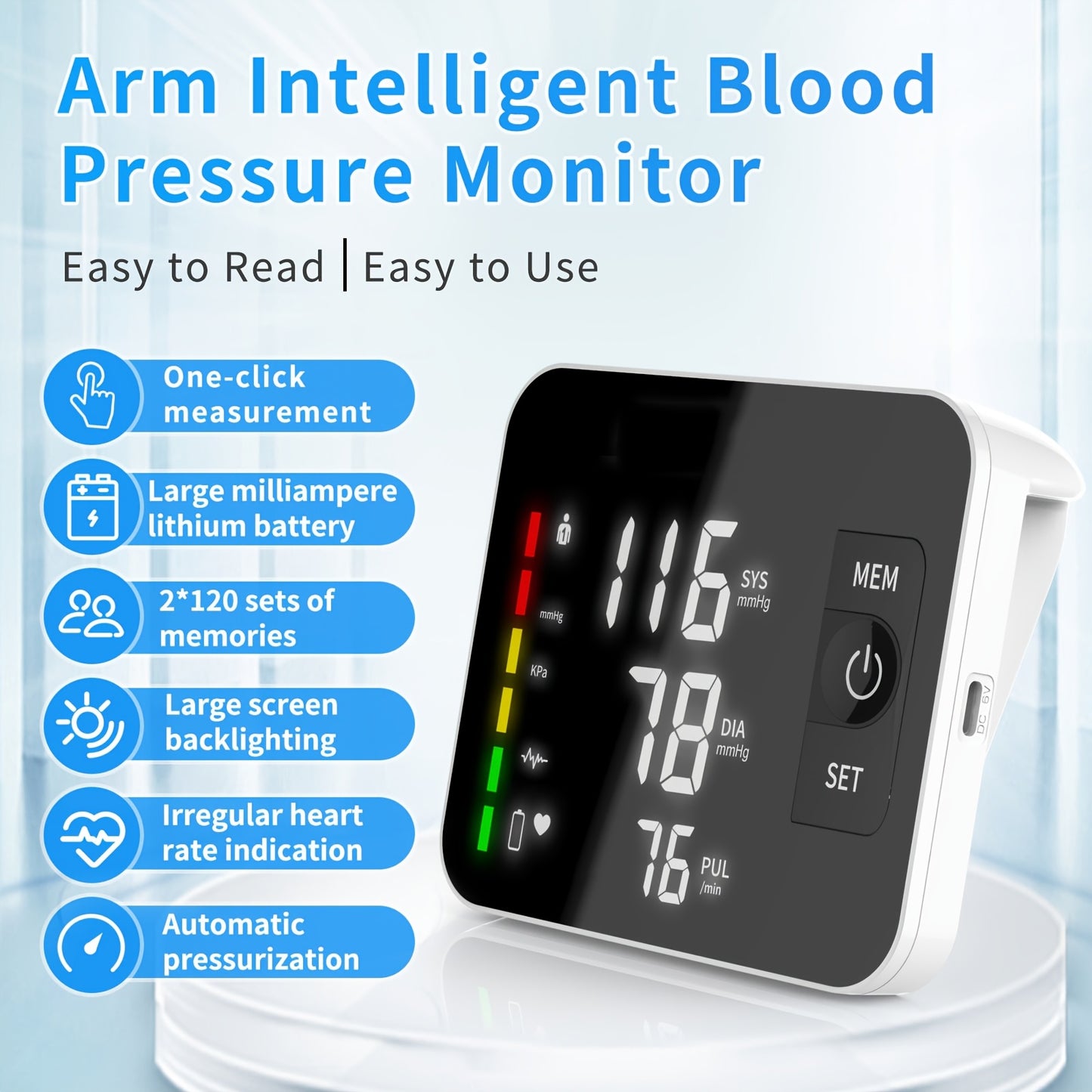 Arm Blood Pressure Monitor with LED Large Screen, Rechargeable Digital Blood Pressure Machine, BP Monitor Automatic Upper Arm Digital with 16.54 Inch Blood Pressure Cuff for Home Use, Easy Touch Operation, 2*120 Users Memory