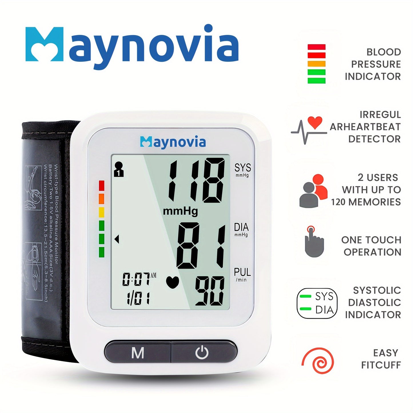 Maynovia Automatic Wrist Cuff Blood Pressure Monitors Large LED Display Hypertension Detector For Home Support 2 Users 120x2 Reading Memory With Carrying Box