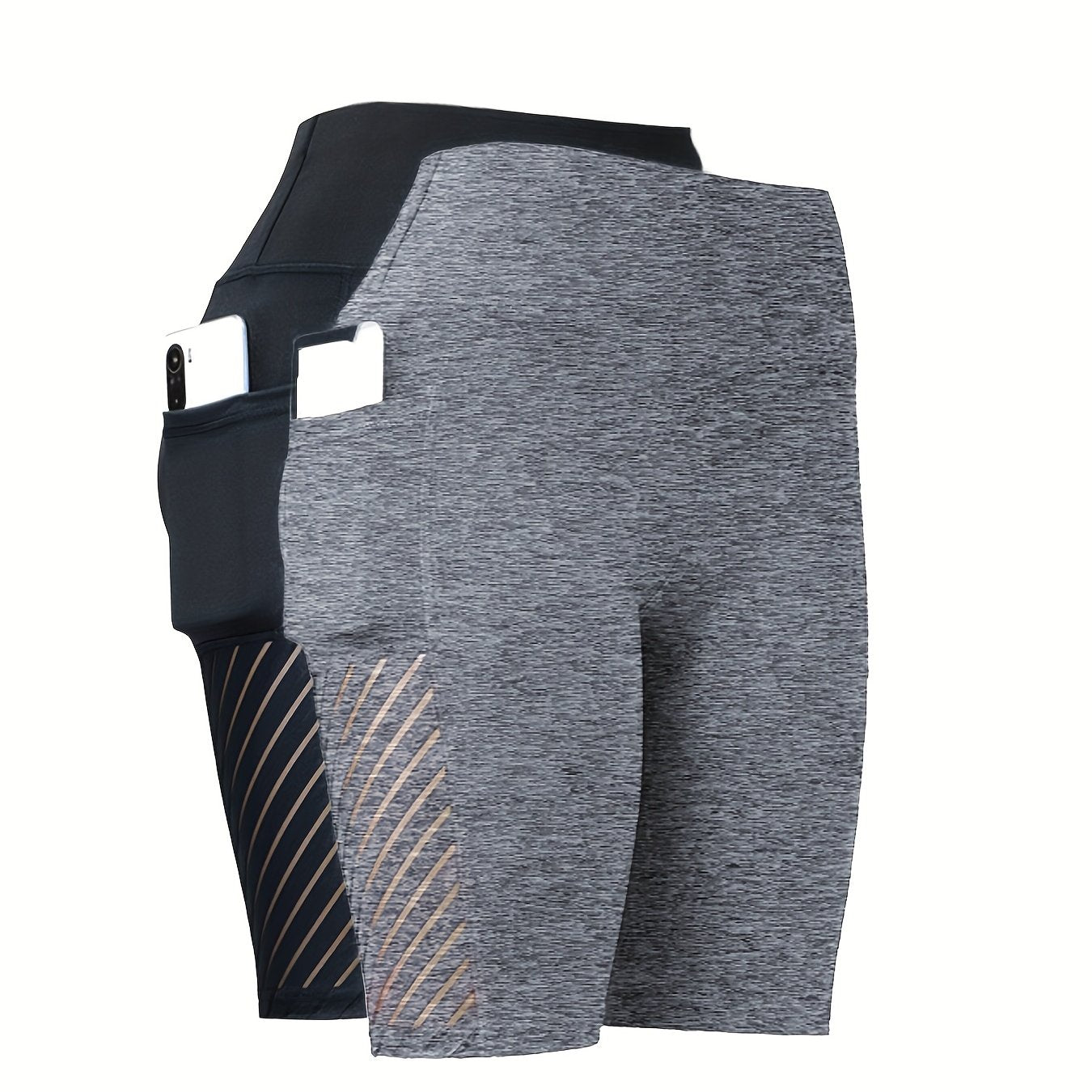 Multi-color Available, Two Pairs Of Women's High-waisted High Elastic with Pockets Yoga Shorts, Mesh Skeleton Breathable Tummy Tucking And Hip Lifting Elastic Capri Pants, Suitable for Gym Workout, Running And Leisure