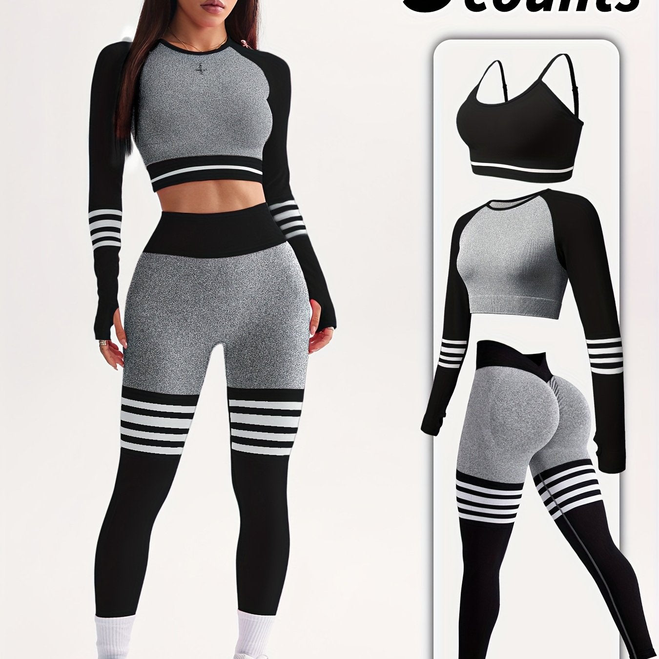 3pcs Women's Full Athletic Set - Seamless Striped Quick-Dry Sports Bra, Tight-Fitting Long Sleeve Gym Pants with Moai Panel Technology | High-Elasticity Moisture-Wicking Fabric for Running, Gymnastics, Training Outfit (All-Se
