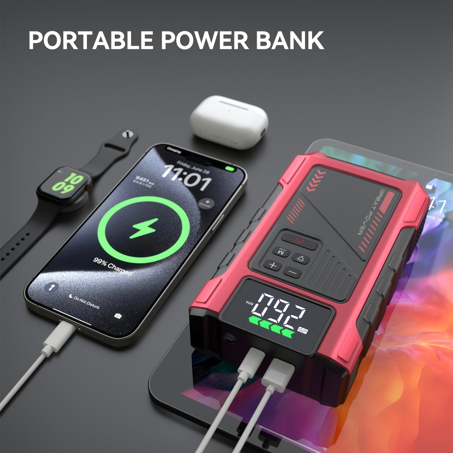 5000A Portable Wireless Car Air Compressor Jump Starter with Air Compressor, Battery Jump Starter Portable Peak, Car Battery Charger Portable For12V(8.0LGas/1.72gal Diesel) Start The Car Quickly, USB Input/output, LED Emergen