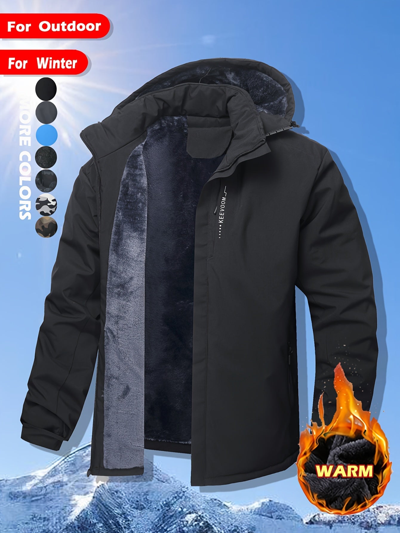 Keevoom Coat Hooded Fleece-Lined Winter Water-Resistant