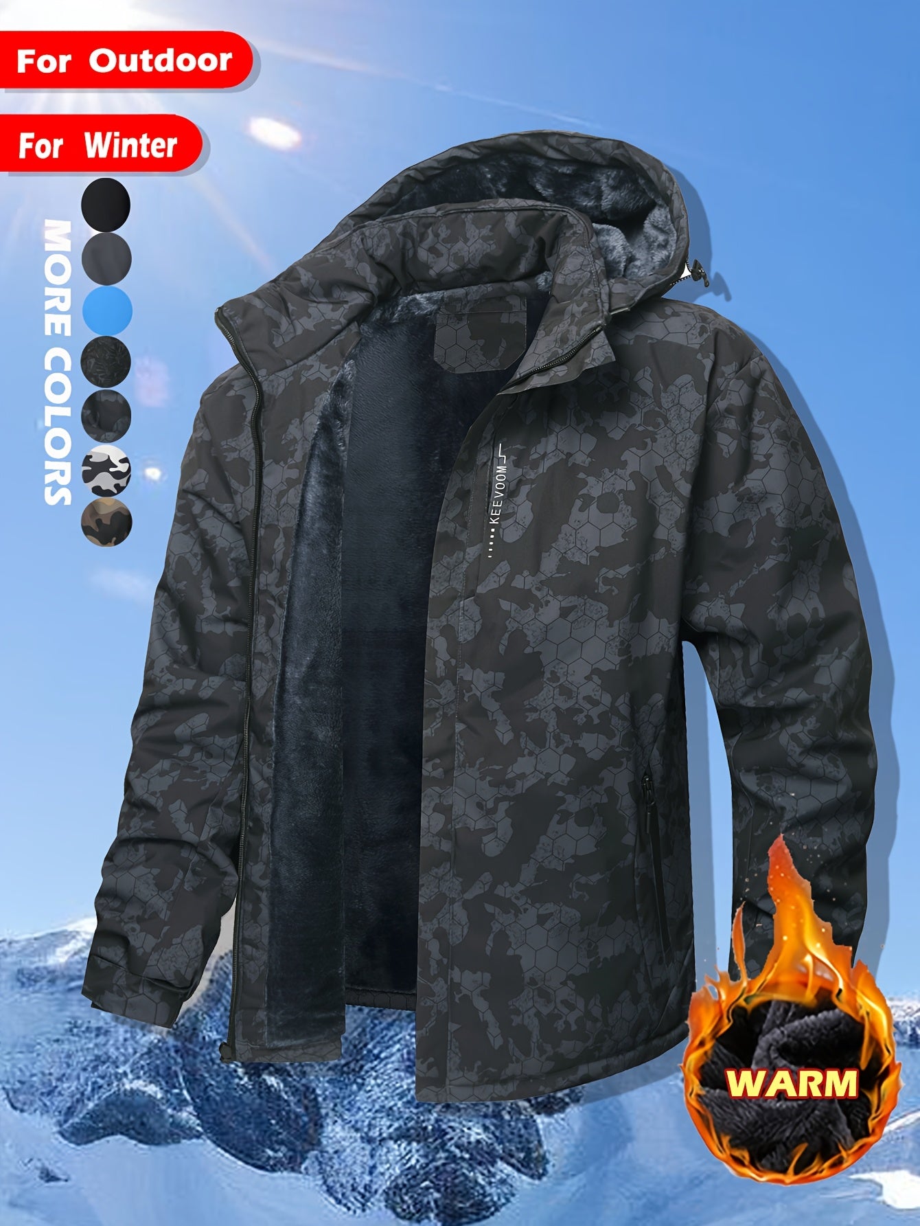 Keevoom Coat Hooded Fleece-Lined Winter Water-Resistant
