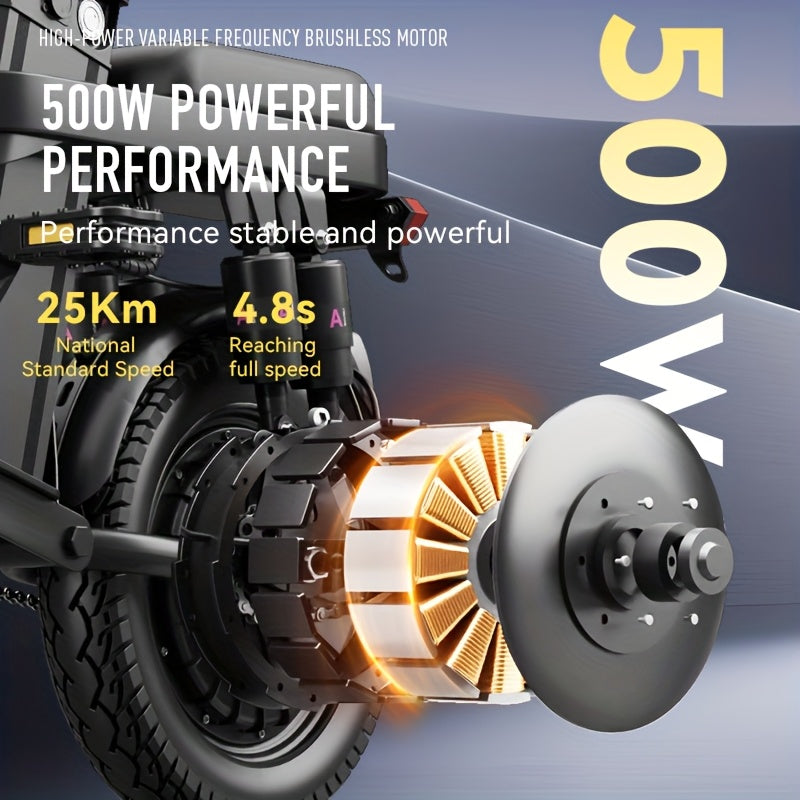 Electric Folding Bicycle, Equipped with 16-Level Shock Absorption Device, 500-Watt Motor, 48-Volt 15-Ampere Battery, with A Range of Up to 45 Kilometers. Can Support Up to 380 Pounds