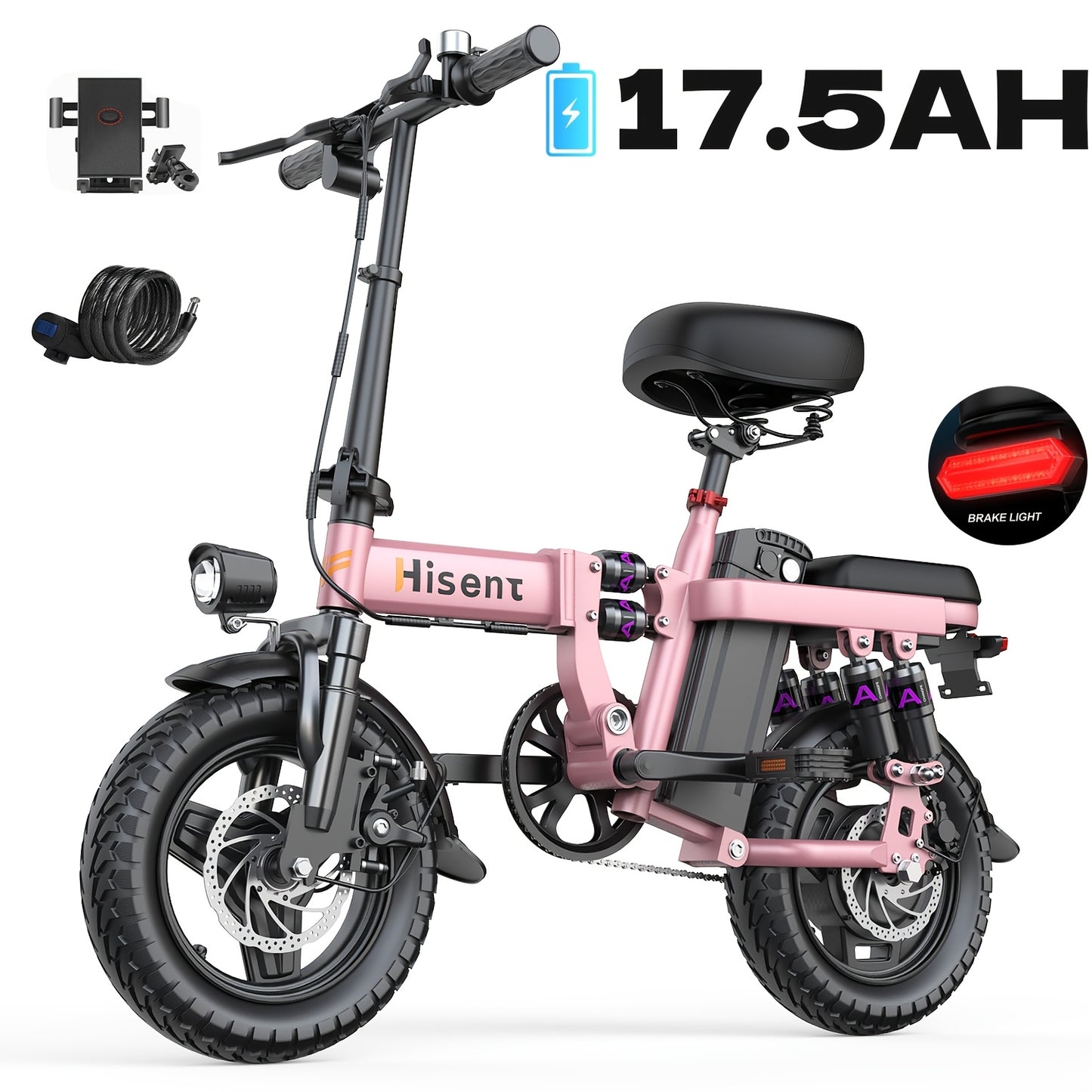 Hisent Adult Folding Electric Bike | 500W Rated, 740W Brushless Motor, 48V 6Ah/10Ah/15Ah/17.5Ah Lithium Battery, 8-32 Miles Range, 14 High-quality Tires, Alloy Steel Frame, LCD Display, Front and Rear