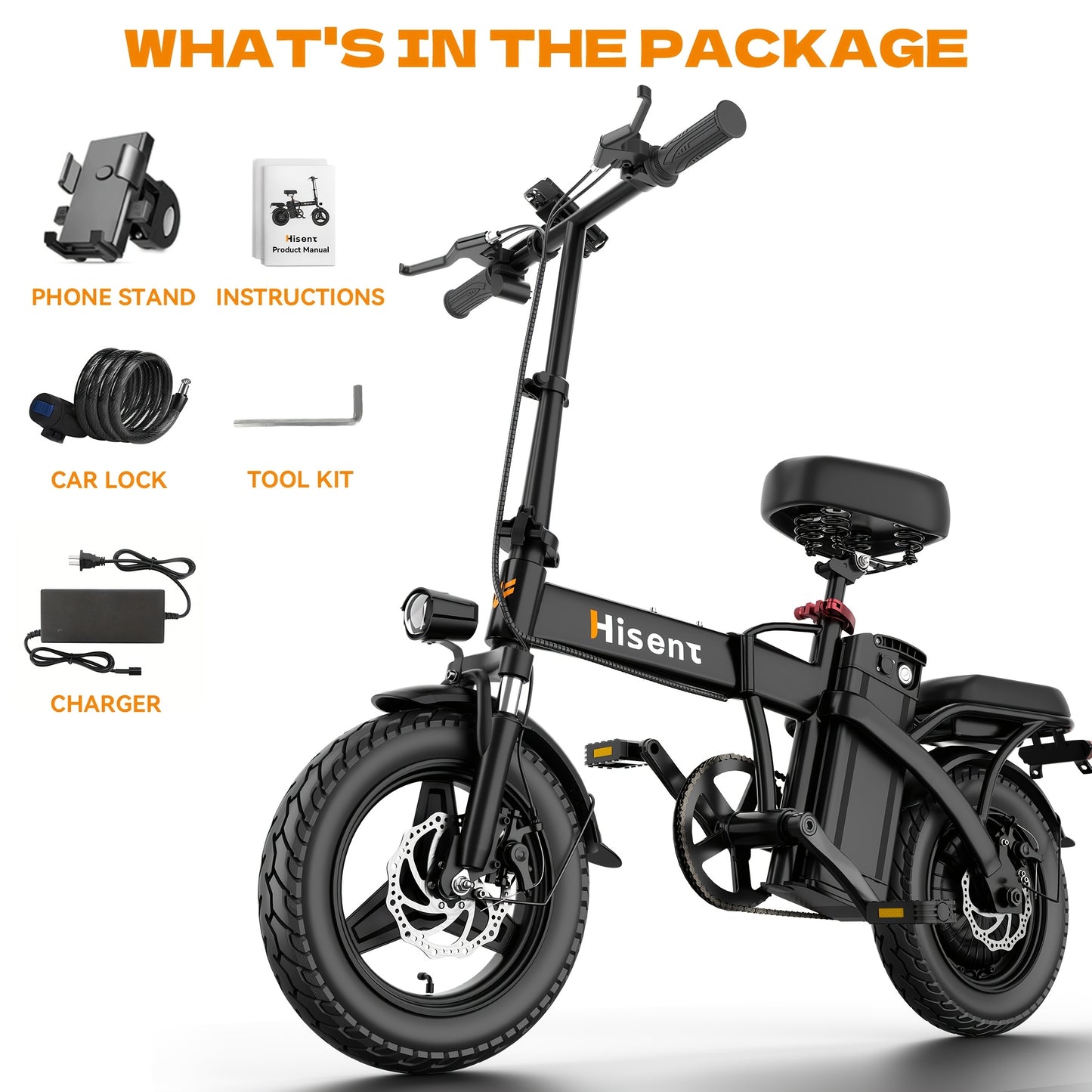 Hisent Adult Folding Electric Bike | 500W Rated, 740W Brushless Motor, 48V 6Ah/10Ah/15Ah/17.5Ah Lithium Battery, 8-32 Miles Range, 14 High-quality Tires, Alloy Steel Frame, LCD Display, Front and Rear