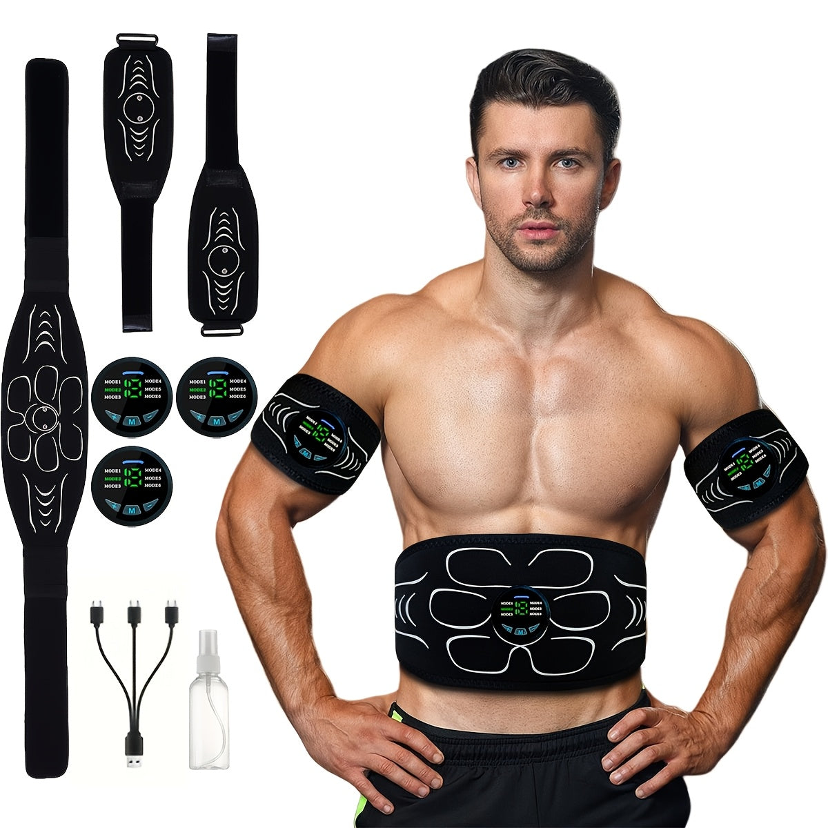 Rechargeable EMS Muscle Stimulator, ABS Fitness Belt, Abdominal Muscle Training And Physical Stimulator - Full-body Relaxation And Fitness, Suitable for Travel, Home Massage, Office, Etc. (Set Includes Abdominal Trainer *1+ A