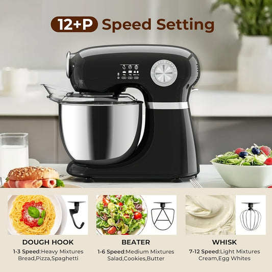 4-in-1 Electric Vertical Mixer, with A Power Of 350 Watts, 12-speed with Pulse Button. Accessories Include 5.5-gallon Stainless Steel Bowl, Mixing Paddle, Dough Hook, Whisk, And A Powerful Baking Mixer Suitable for Cake, Brea