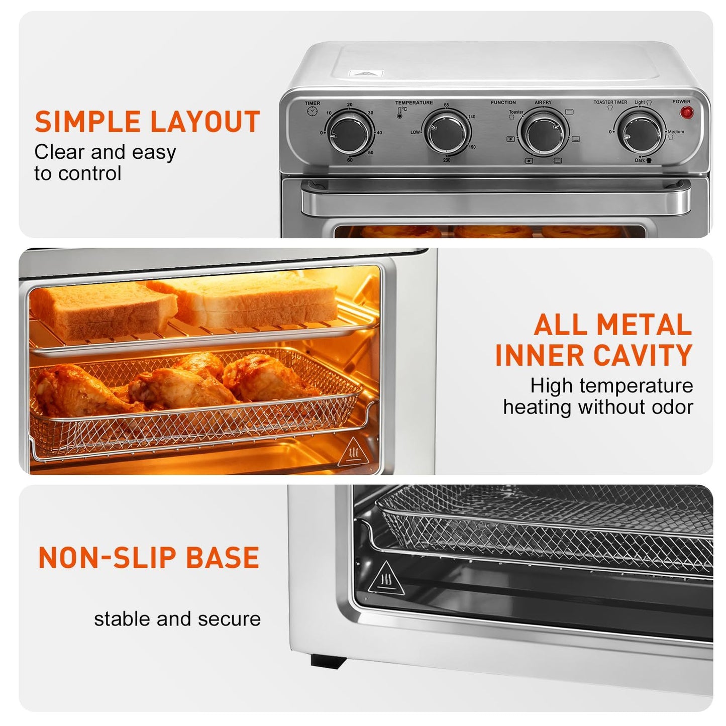 26.4QT Air Fryer 4-in-1 Convection Oven Countertop Stainless Steel Large Capacity 450°F High Temperature 4 Accessories