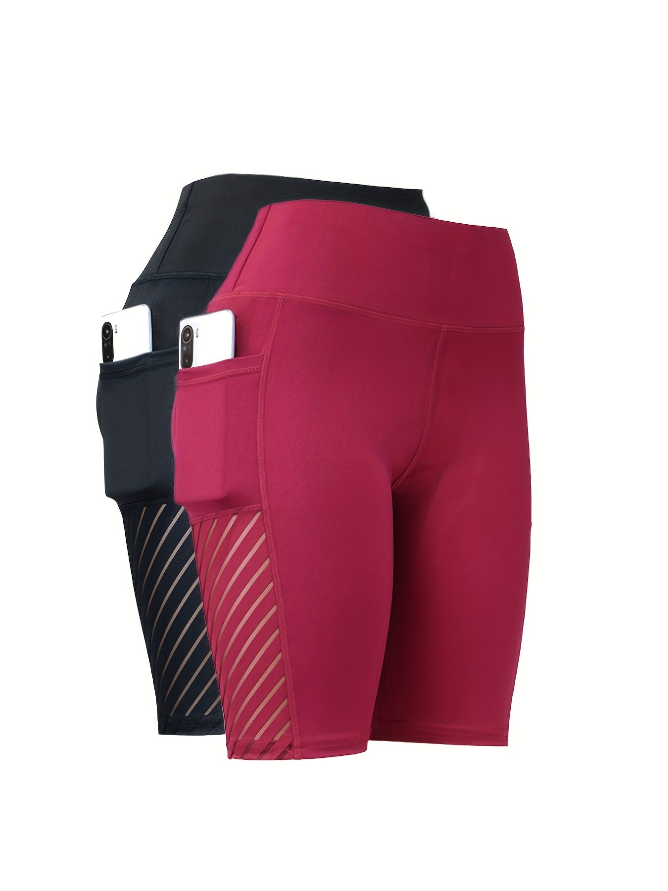 Multi-color Available, Two Pairs Of Women's High-waisted High Elastic with Pockets Yoga Shorts, Mesh Skeleton Breathable Tummy Tucking And Hip Lifting Elastic Capri Pants, Suitable for Gym Workout, Running And Leisure
