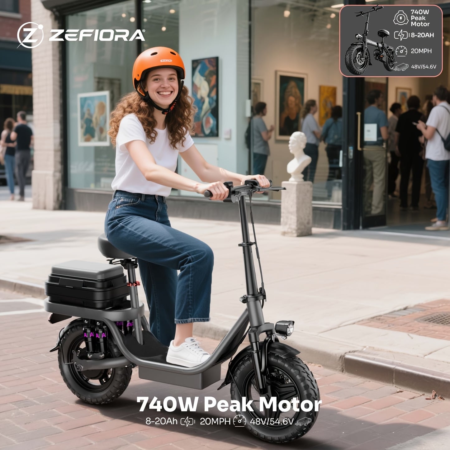 ZEFIORA S10 MAX 740W Peak Electric Scooter, Folding Electric Bicycle for Adults And Teenagers, 14" Tires, 54.6V 8-20Ah Removable Battery, LCD Screen, Puncture-Proof, Front And Rear Lights-Ideal for Commuting And Outings, The