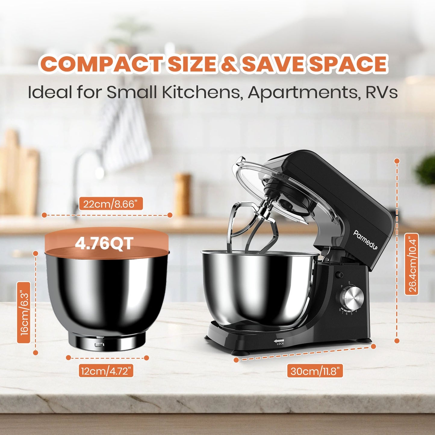 Compact Stand Mixer 11.8" D X 6.9" W X 10.4"H: 8-Speed 380 W Tilt-Head Household Food Mixer- 4.76 Qt 304 Stainless Steel Bowl with Cover& Egg Whisk& Dough Hook& Flat Beater- Electric Kitchen Stand Mixer for Baking, Pizza, Smo