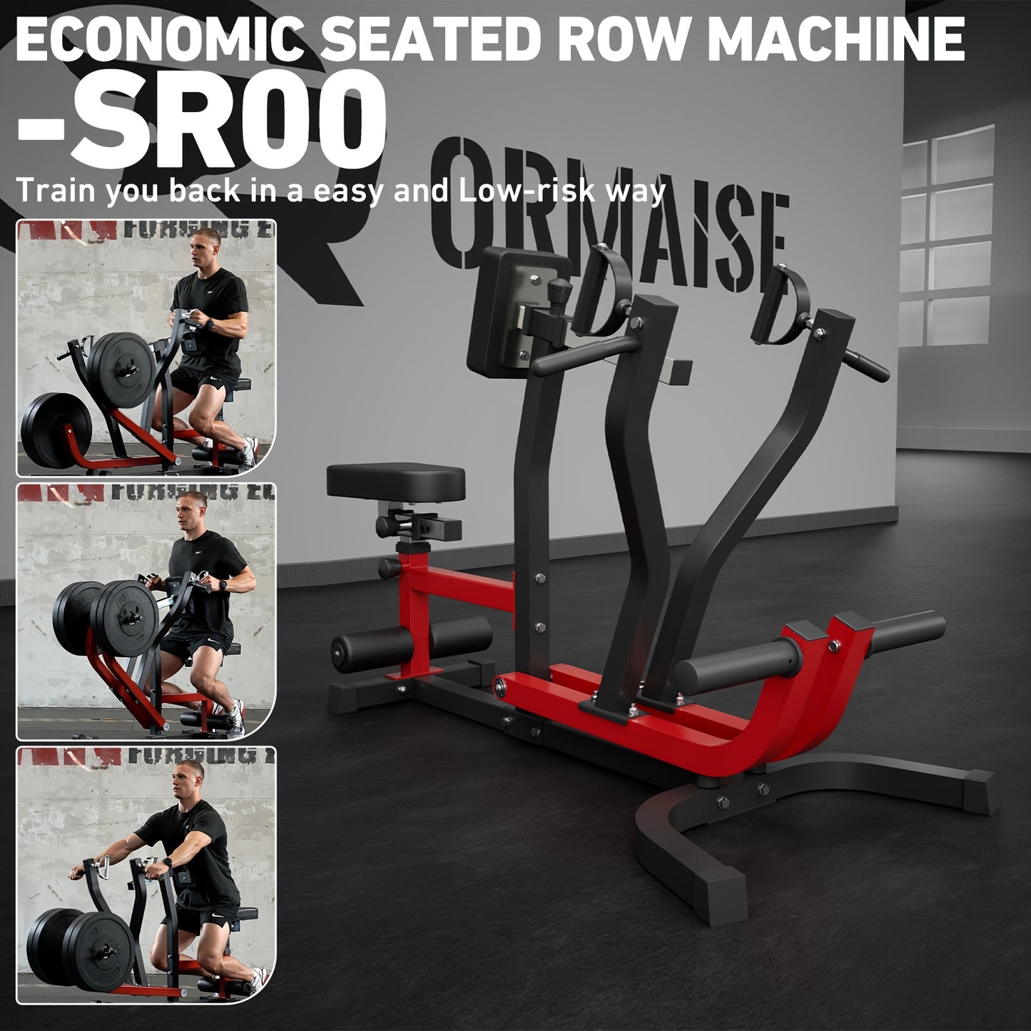 400lb Capacity Seated Row Machine with Adjustable Back & Independent Arms, Multi-Grip Positions, Plate Loaded Design - Home Gym Workout Equipment for Full-Body Strength Training, Sleek Red & Black Finish, Sturdy Construction