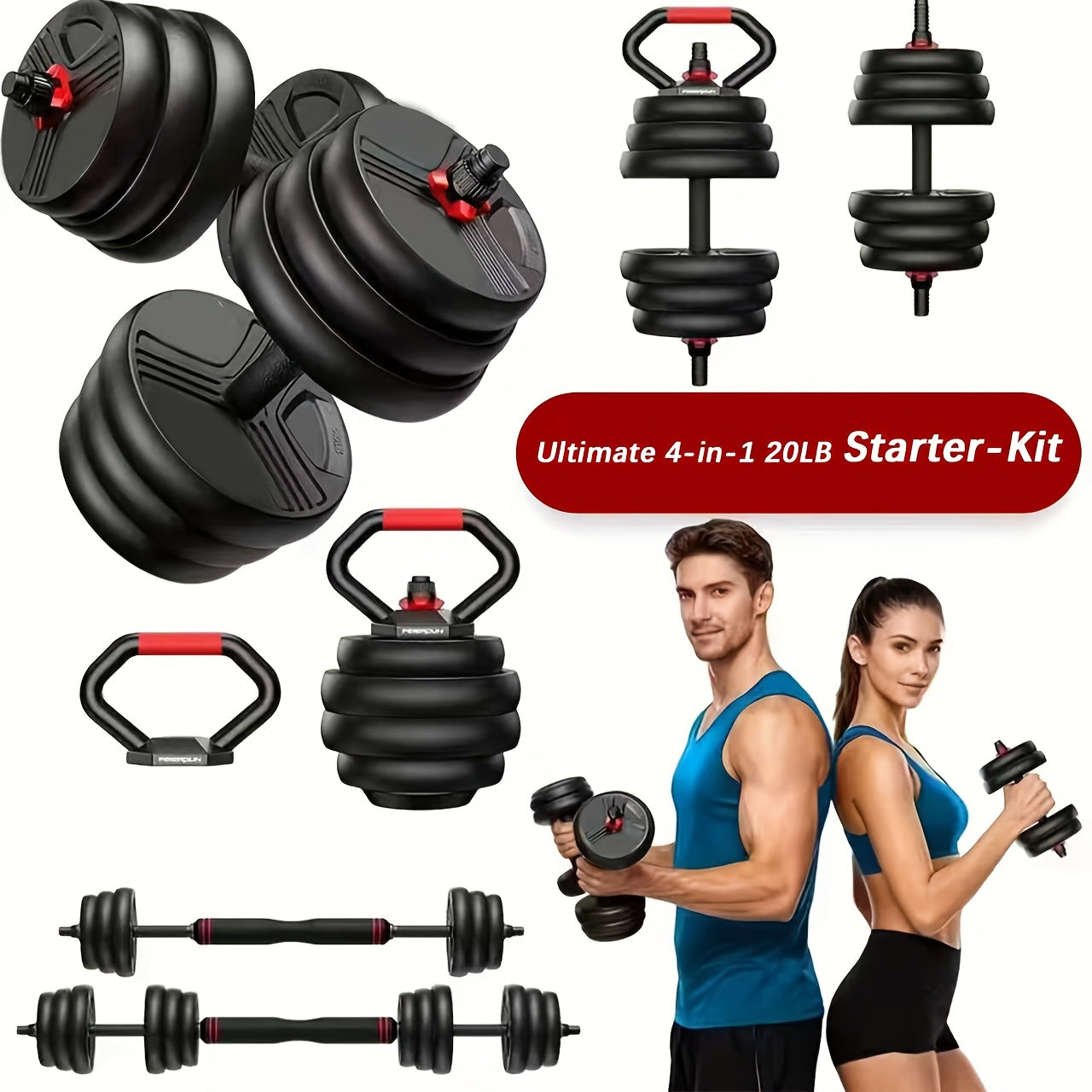 Adjustable Dumbbell Set 20-90lbs 4-in-1 Free Weights for home Gym - Convertible to Kettlebell, Barbell & Push-Up Stand - Heavy Duty Multi-Poundage Training Equipment Suitable for Men & Women, Ideal Christmas & Thanksgiving Gi