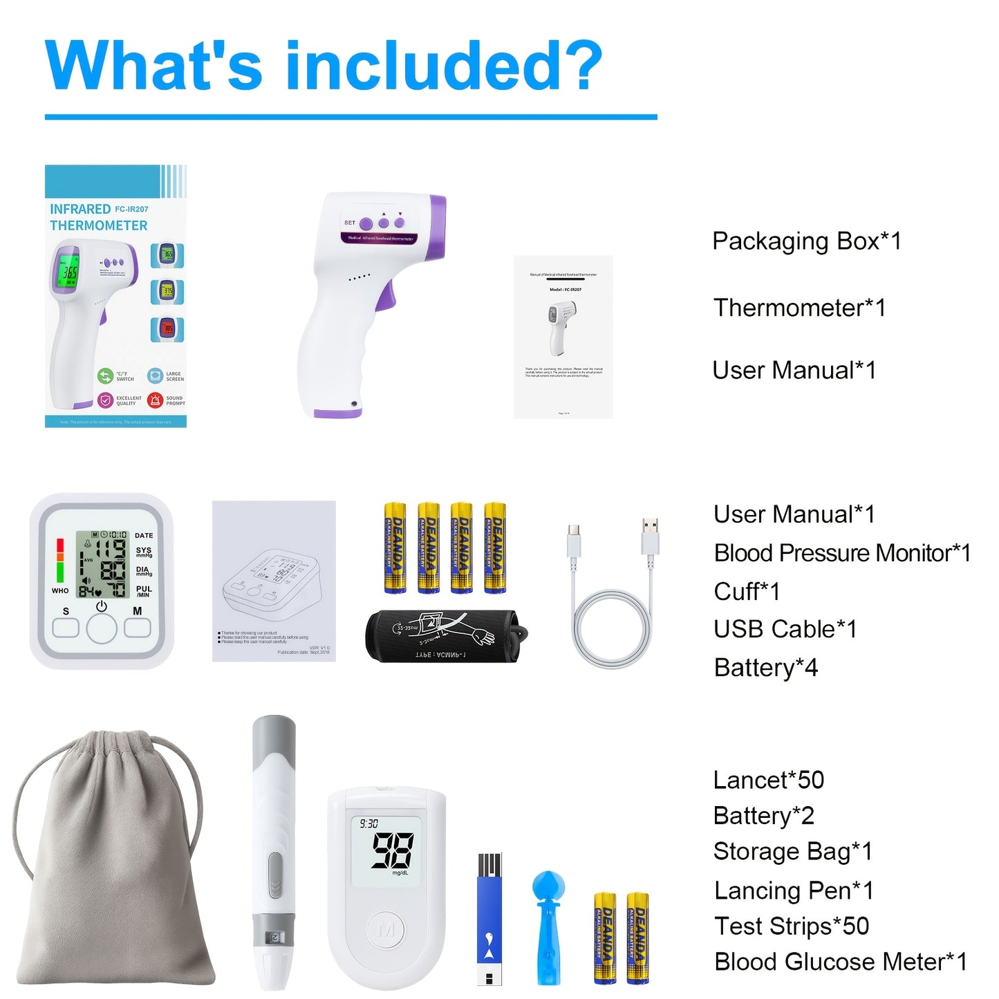Mood Light 3-in-1 Home Health Monitor Kit: BP, Glucose, Thermometer