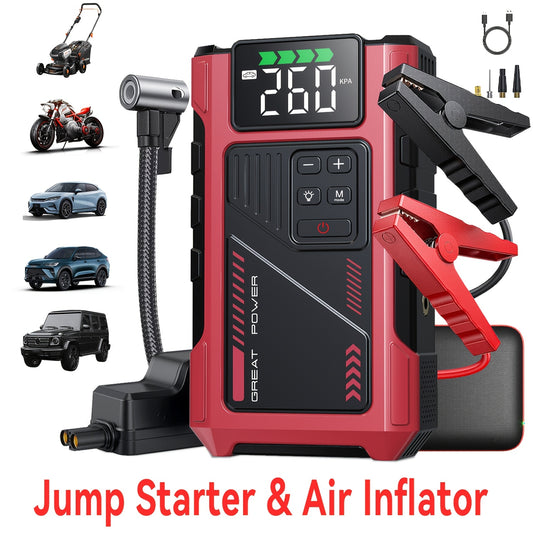 5000A Portable Wireless Car Air Compressor Jump Starter with Air Compressor, Battery Jump Starter Portable Peak, Car Battery Charger Portable For12V(8.0LGas/1.72gal Diesel) Start The Car Quickly, USB Input/output, LED Emergen