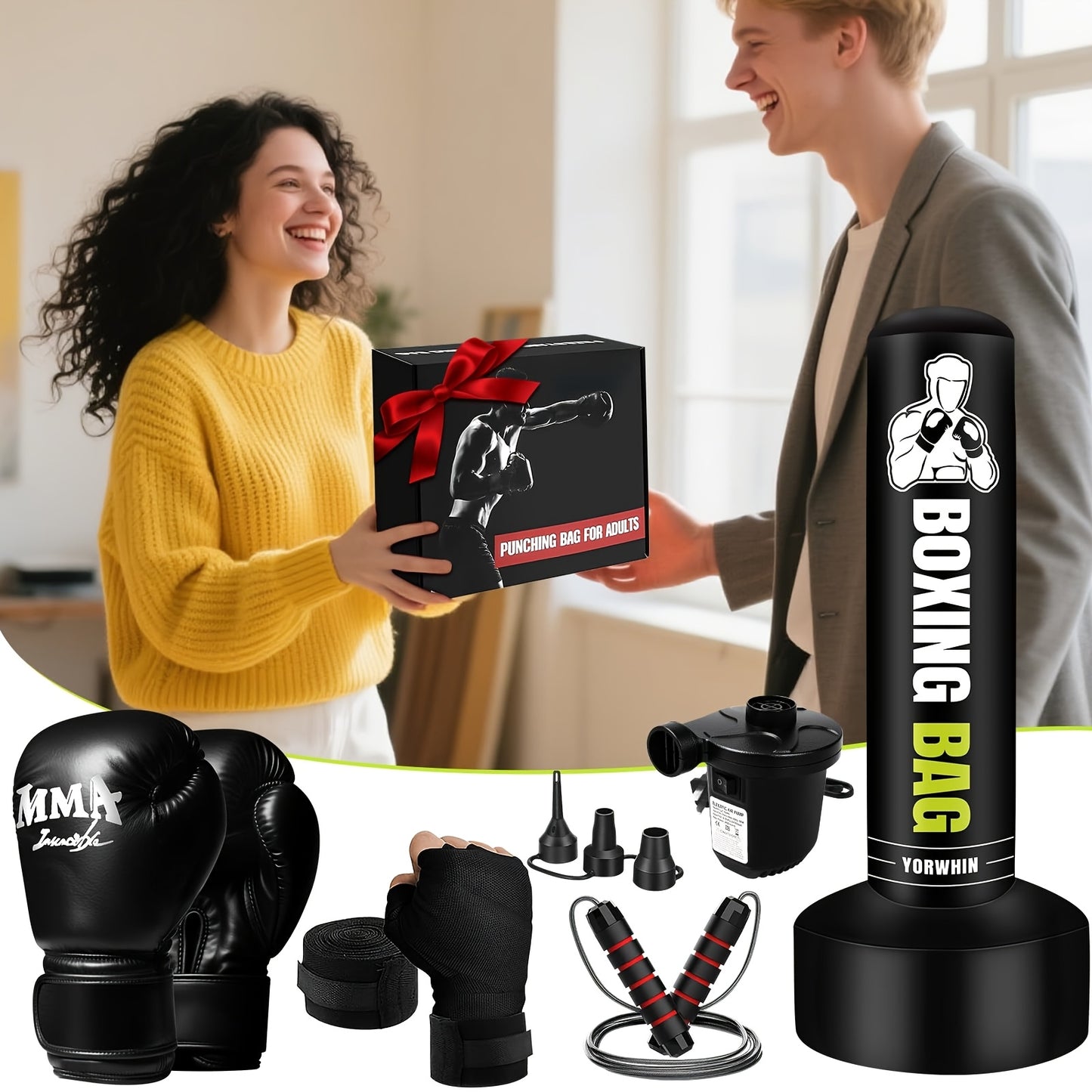 [Heavy-Duty|70" Punching Bag] Heavy-Duty 70" Freestanding Punching Bag with Stand | Gloves, Pump & Jump Rope - Durable PVC Boxing Bag for Adults & Teens, MMA, Muay Thai, Karate Training - Home Gym Fitness Equipment, Black, Ki