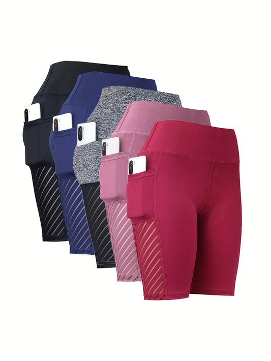 Multi-color Available, Two Pairs Of Women's High-waisted High Elastic with Pockets Yoga Shorts, Mesh Skeleton Breathable Tummy Tucking And Hip Lifting Elastic Capri Pants, Suitable for Gym Workout, Running And Leisure