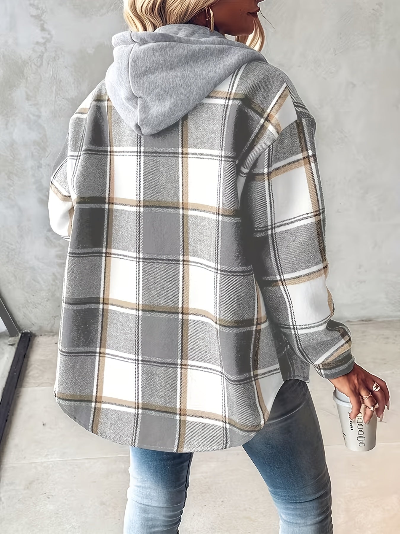 SCACTO Shacket Plaid Pattern Fleece-Lined Hooded Jacket