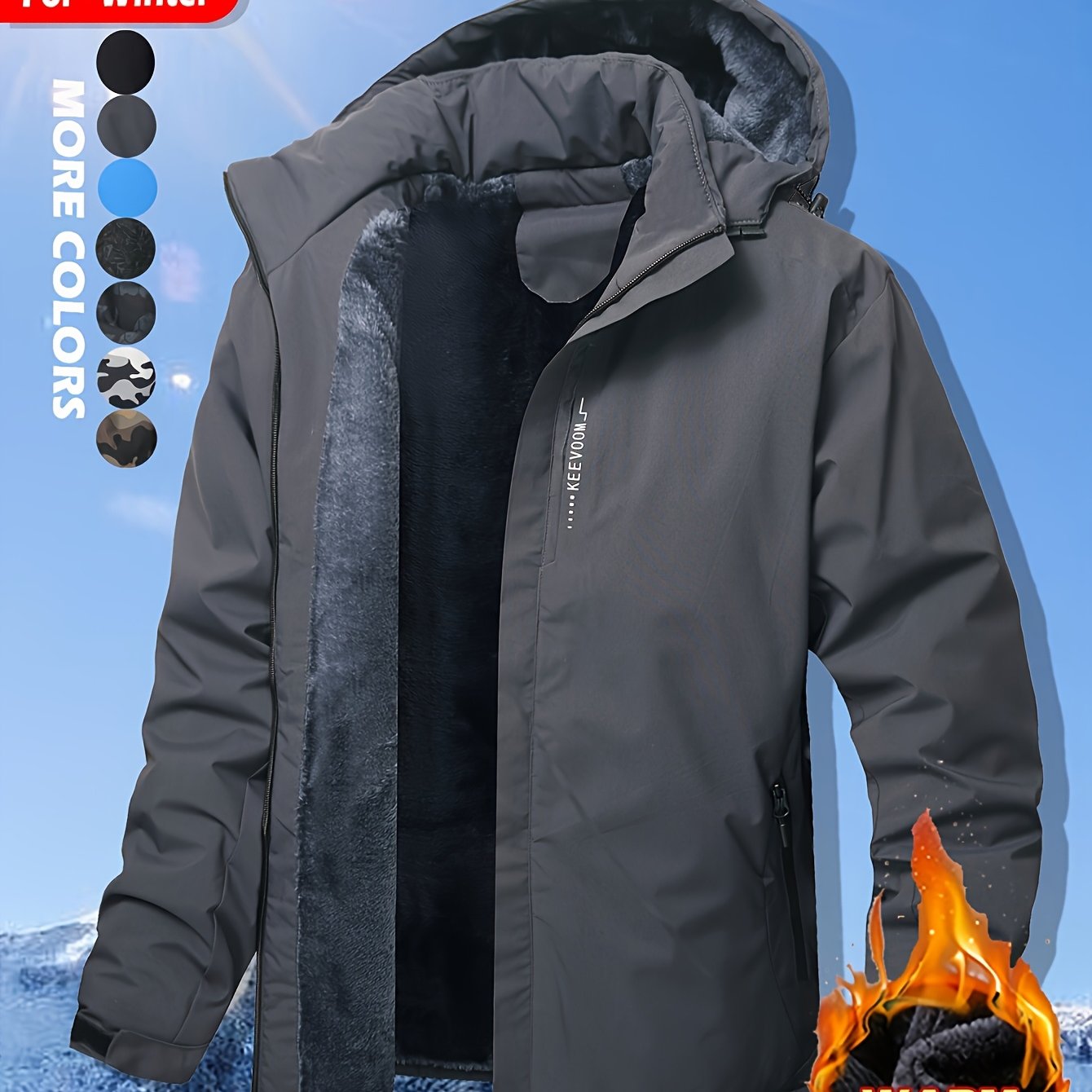 Keevoom Coat Hooded Fleece-Lined Winter Water-Resistant
