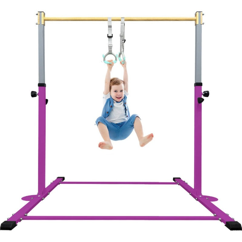 Adjustable Gymnastics Bar with Mat - Heavy-Duty Steel Frame & Foam Grip, 250 lbs Capacity, 3'-5' Height Adjustable Horizontal Kip Bar with Rings for Home Training, Easy Assembly with Tools Included, Ideal for Ages 3-15, Indoo