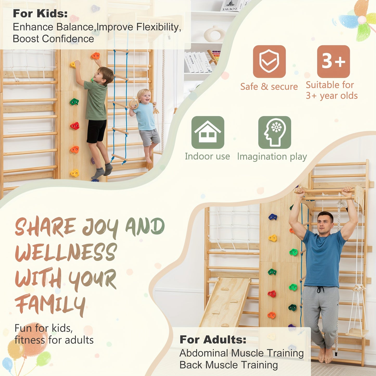 10-in-1 Solid Wood Swedish Ladder Wall Gym - All-in-One Kids & Adult Climbing Frame with Rock Wall, Gymnastics Rings, Pull-Up Bars, Slide, Swing Set | Indoor/for home Playground Equipment, Easy Assembly, Space-Saving Multi- A