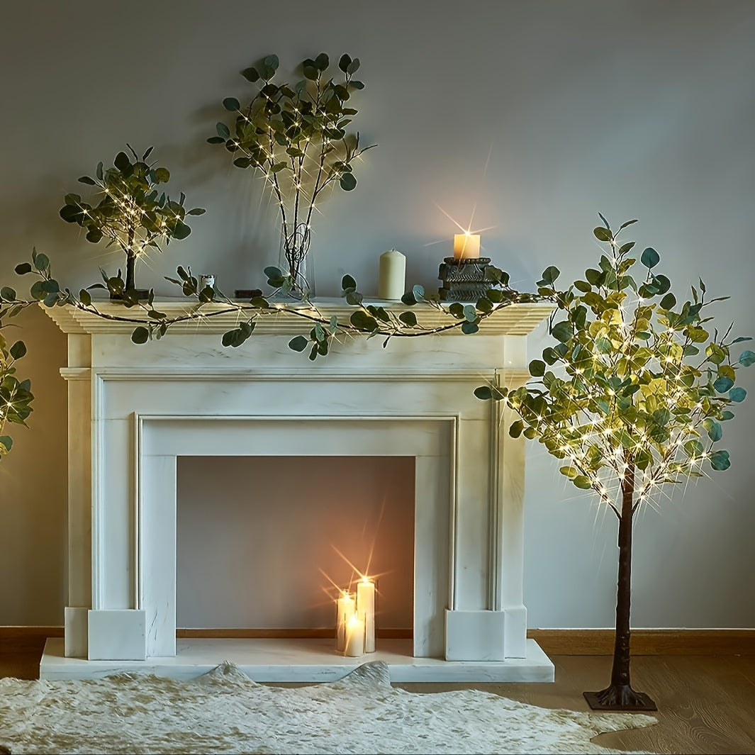 1pc, 6ft Illuminated Eucalyptus Garland Artificial Greenery Branches Lights for Room Staircase Outdoor Wedding Holiday Christmas Valentine's Day Decoration Indoor Event Party Home Decor (Battery Operated, Batteries Not Includ