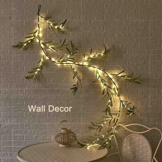 Lighted Artificial Olive Garland 6FT 96 LED Fairy Lights Battery Operated, Faux Vine Lights With Timer For Spring Christmas Holiday Fireplace Decor