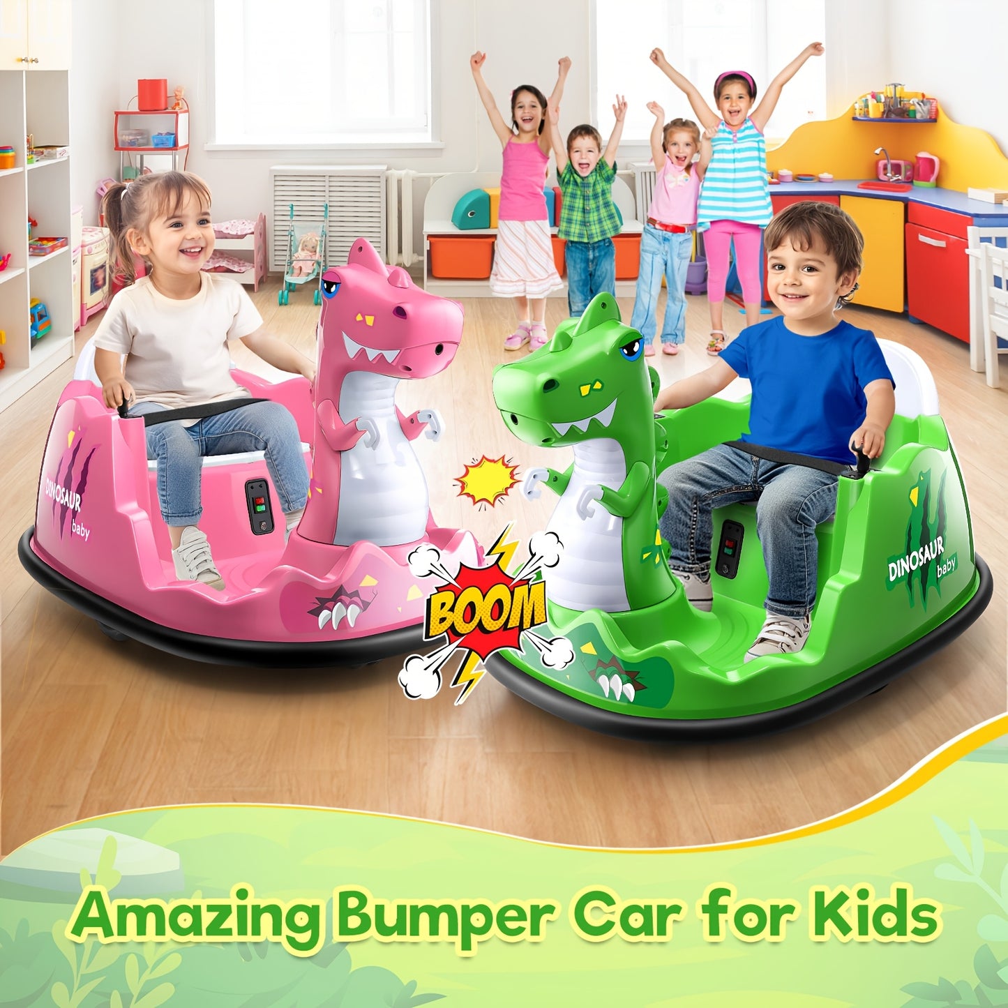 12V Kids Ride-On Bumper Car Suitable for with Parent Remote, Music, 360° Spin, 2 Driving Modes & 3-Speed - Power-Wheel Vehicle with Rubber Tires, Giraffe/LED Light or Dinosaur/LED Spray