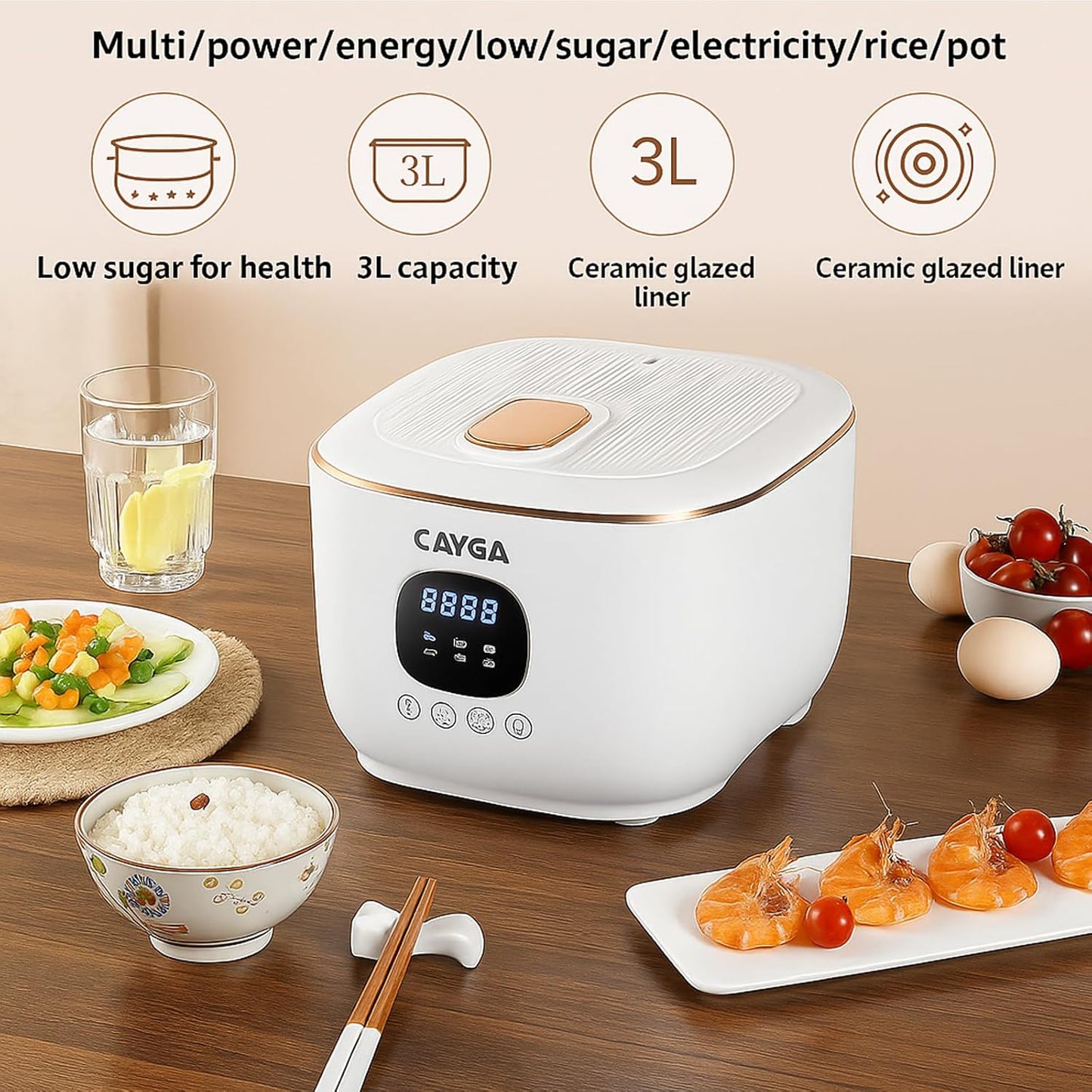 Electric Rice Cooker Low Sugar 101.44oz - Smart Carb Reducing Rice Cooker with Steamer Basket, Ceramic Inner Pot& Stainless Steel Filter, Compact Pressure Cooker for Healthy Cooking, 1-4 People, Meal Prep, Spacesaving Design,