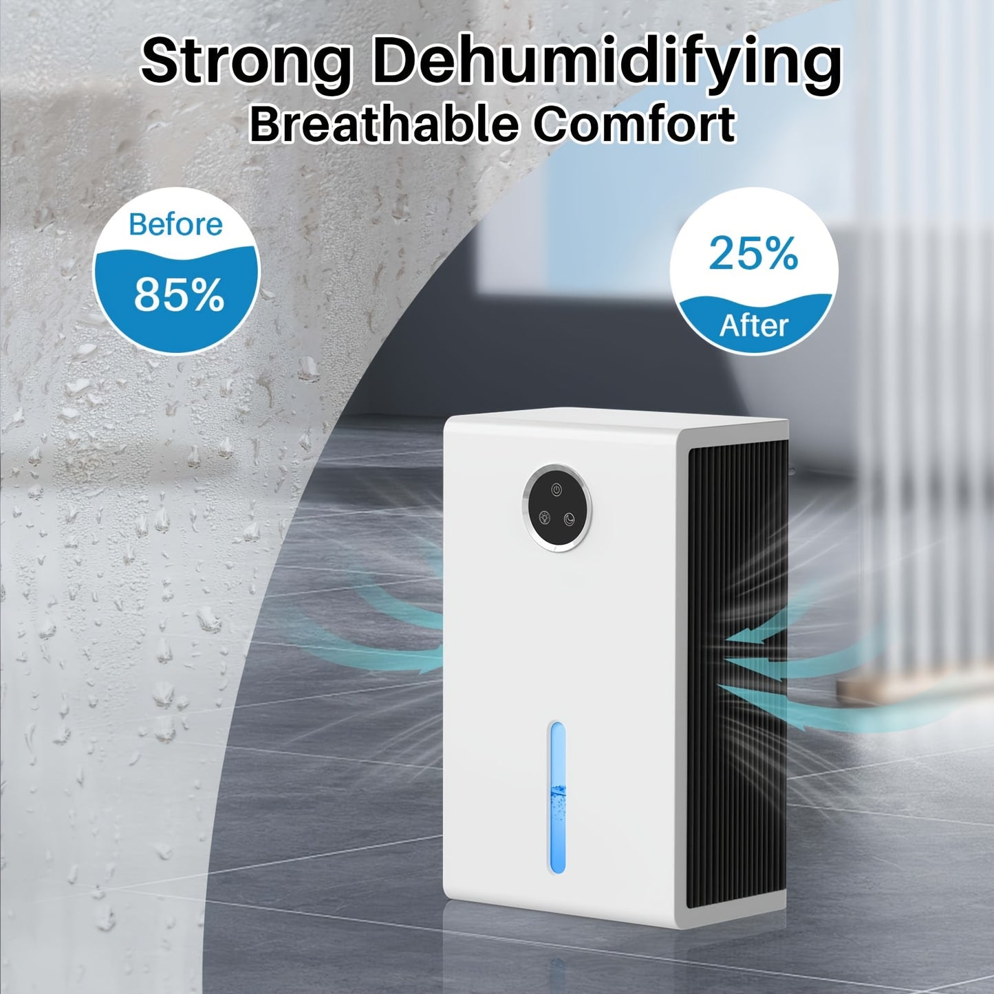Portable Dehumidifier with an 88Oz Water Tank, Suitable for Bedrooms And Covering Up to 1000 Sq. Ft. It Operates Quietly And Efficiently Manages Moisture in Homes, Bathrooms, Basements, Rvs, And Closets. Features Include 7 LE