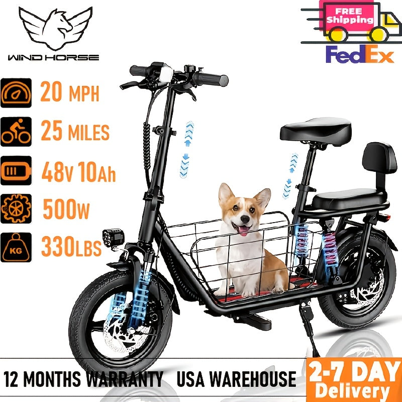 2-Seater Electric Scooter | 500W High-Speed Motor, 20MPH Top Speed, 25-Mile Range, 330LBS Load Capacity, Dual Suspension, LCD Display, 3-Speed Modes, Folding Design, Includes Free Basket, Adjustable Handlebar Height, Carbon S