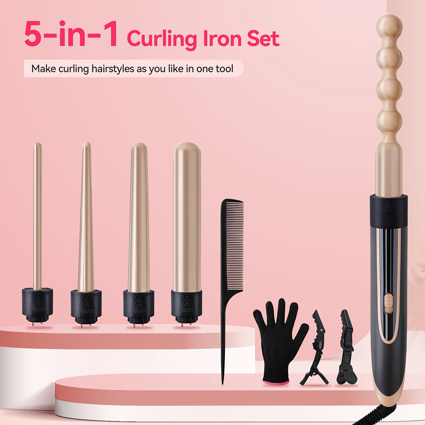 Hair Curling Wand 5in 1 Hair Curlers Iron Set 0.4" - 1.25" with 5 Ceramic Interchangeable Barrel for Long Short Hair Styling Tool for Women Gifts Birthday Christmas Thanksgiving Day New Year Festival Hairstylist Essentials St