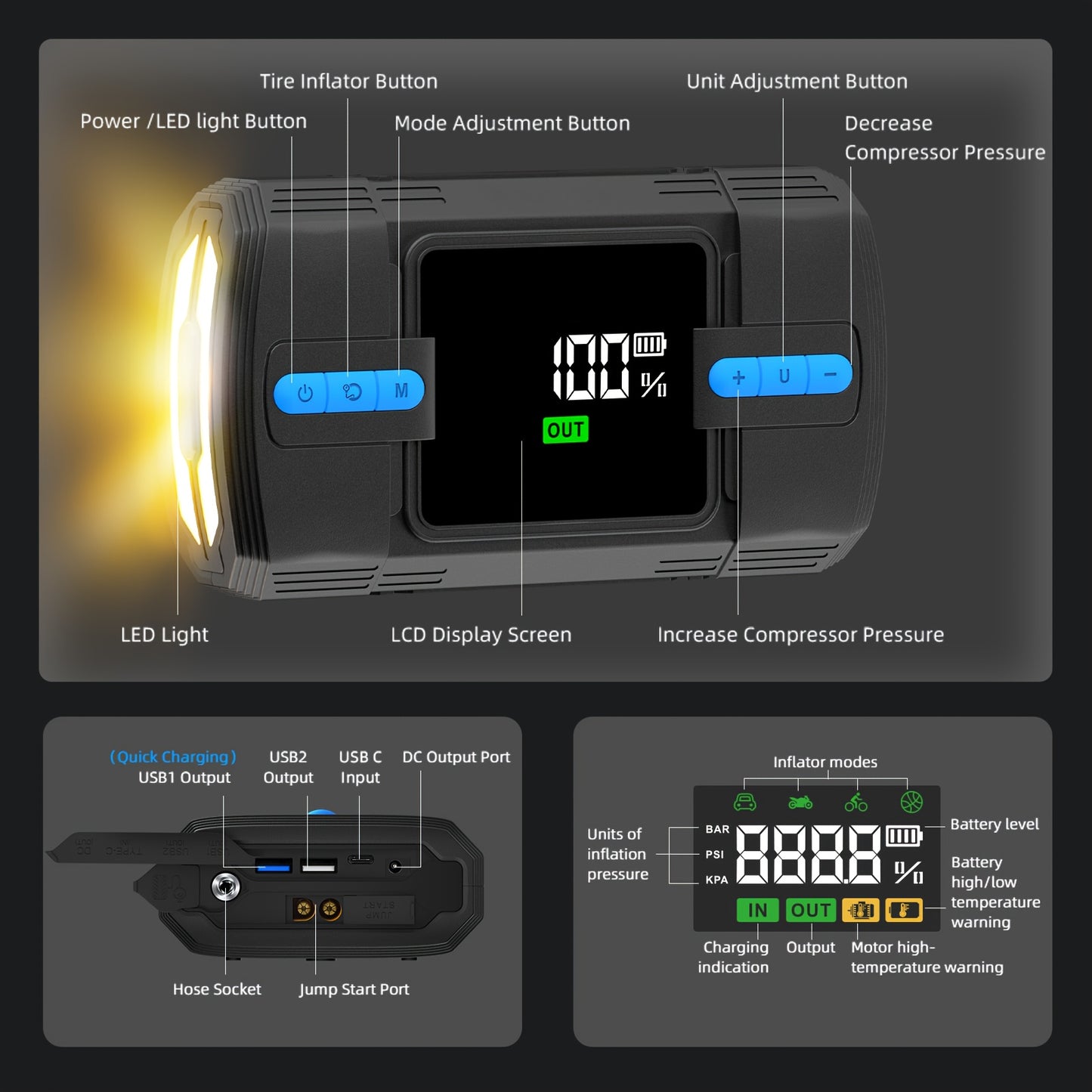 Portable Jump Starter With Air Compressor 18000mAh USB Output