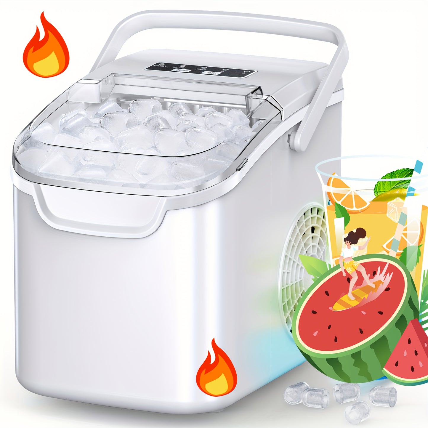Ice Makers Countertop, Portable Ice Maker Machine with Self-Cleaning, 26.5LBS/ 24Hrs, 6 Mins/ 9pcs Bullet Ice, Ice Scoop and Basket, Handheld Ice Maker for Kitchen/ Home/ Office/ Party, Red.