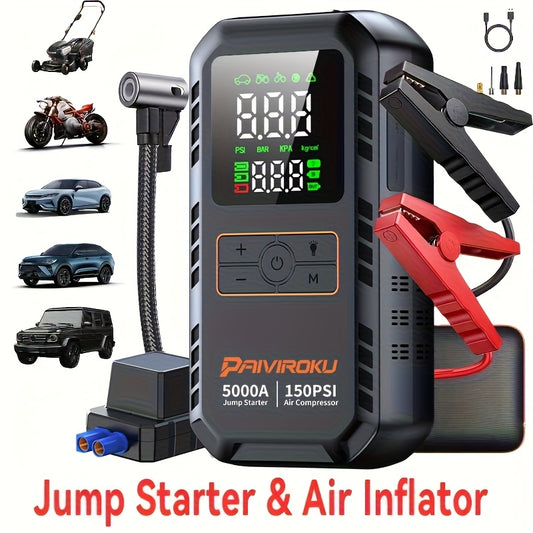 7-in-1 Portable Jump Starter with Air Compressor, 150 PSI Air Pump for Car Tires, 5000A Peak Jump Starter for Car (7.0LGas/1.59gal Diesel), LCD Display, LED Flashlight and Emergency Light, QC3.0 Fast Charging Portable Power B