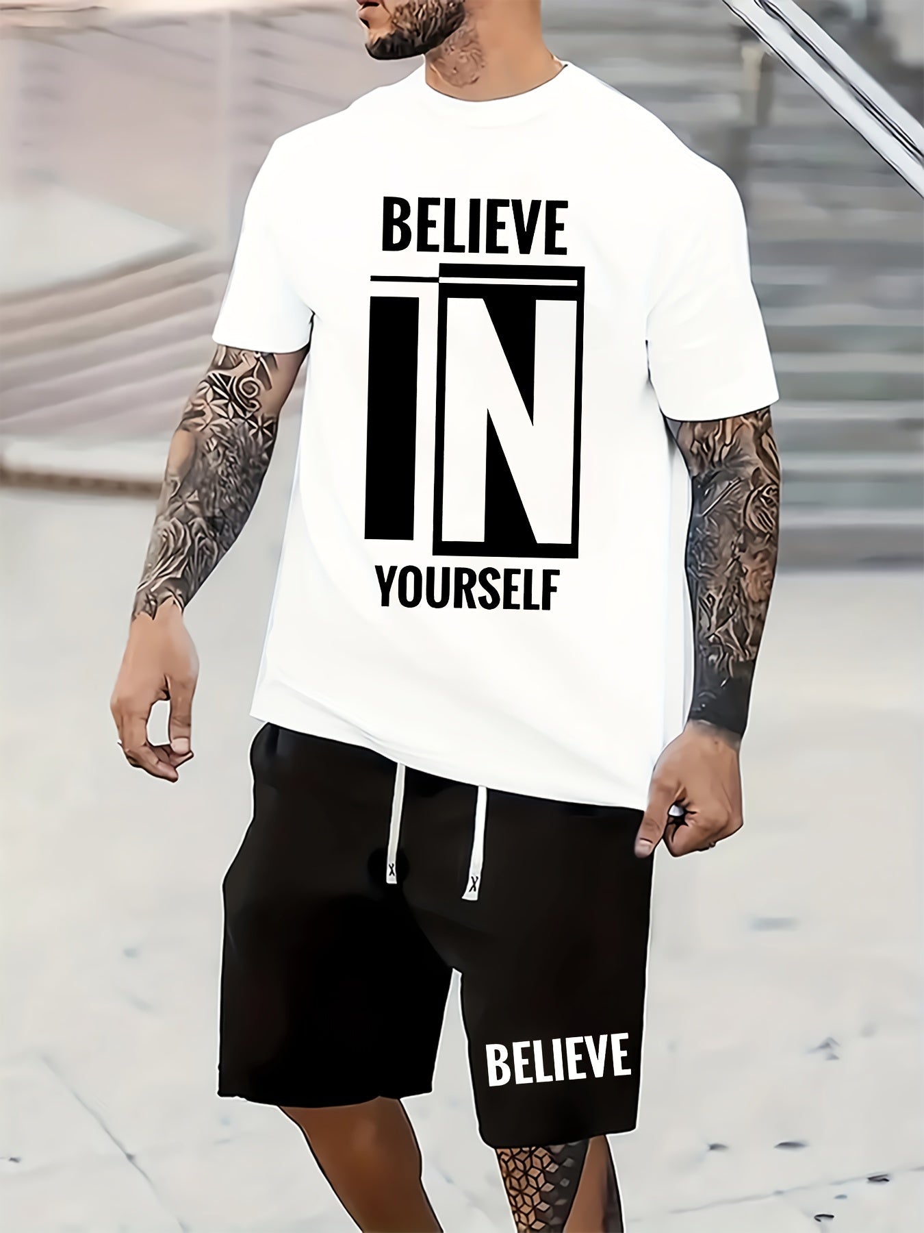 Men's Gym Set Breathable Motivational Tee And Shorts