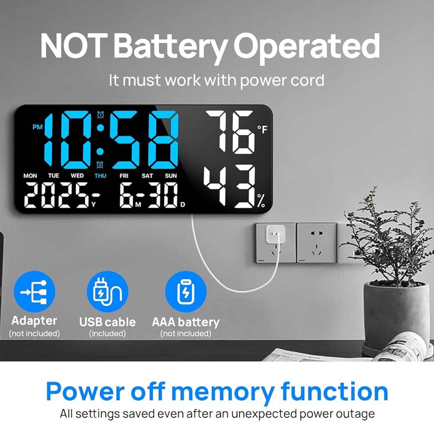 14.6" Large Digital Wall Clock with Remote Control, Dual Alarm, Big LED Display, Night Light, Humidity, Date, Week, Temp - Perfect Father'S Day Gift for Living Room, Bedroom, Elderly