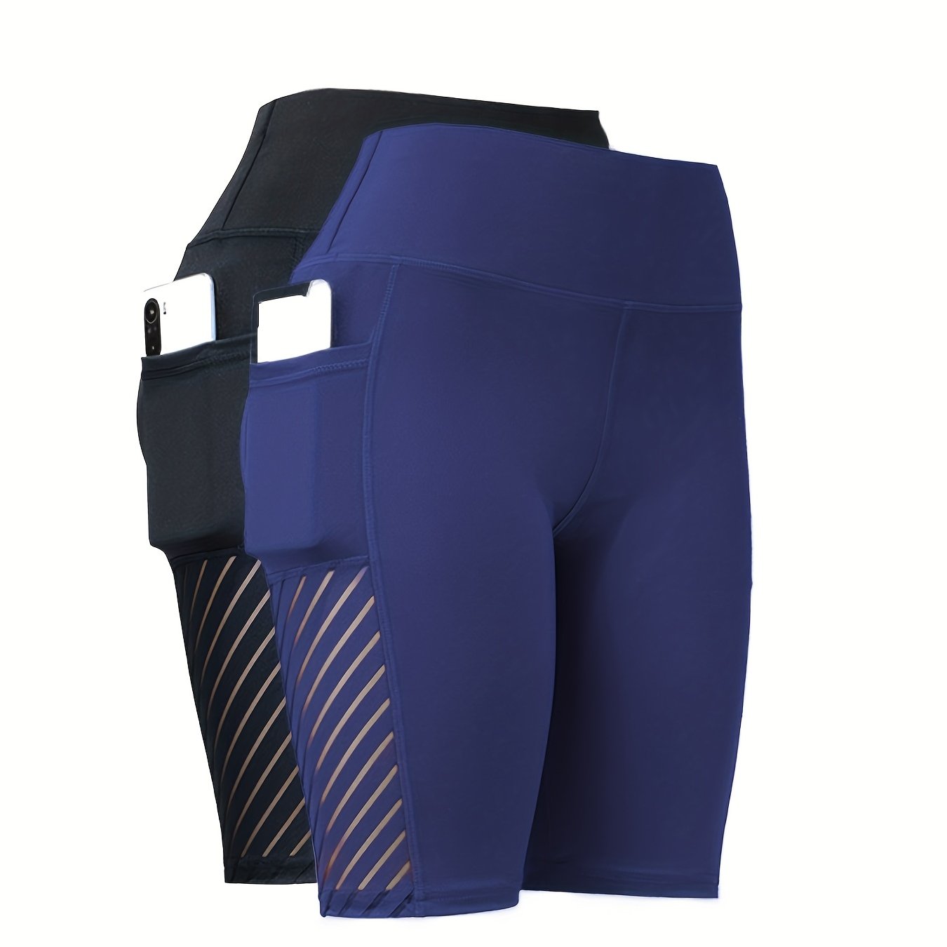 Multi-color Available, Two Pairs Of Women's High-waisted High Elastic with Pockets Yoga Shorts, Mesh Skeleton Breathable Tummy Tucking And Hip Lifting Elastic Capri Pants, Suitable for Gym Workout, Running And Leisure
