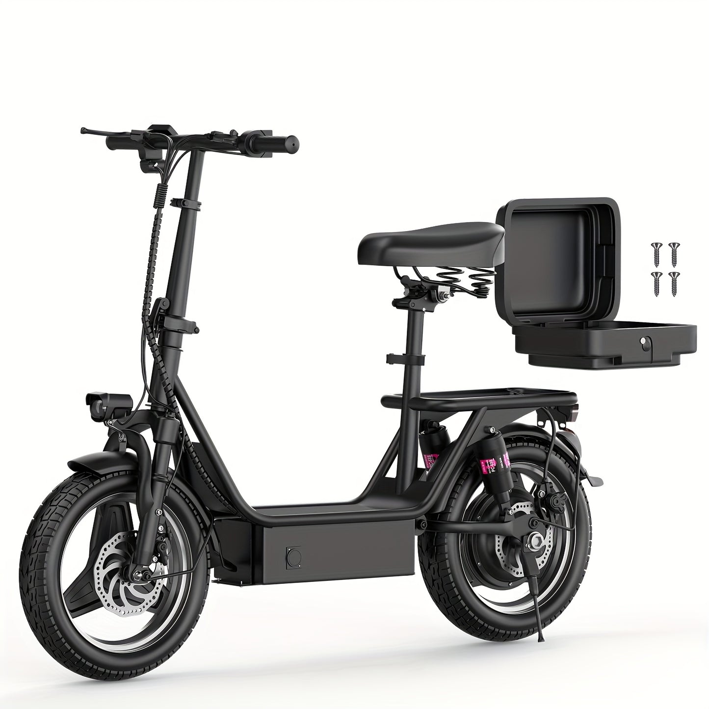 Electric Scooter for Adults Featuring a 650W/350W Peak Motor, Capable of Covering Distances of 21 to 30 Miles. It Includes a Seat, Box, And Basket, Along with Disc Brakes. The Scooter Operates on a 48V 15A Or 36V 7.5A System